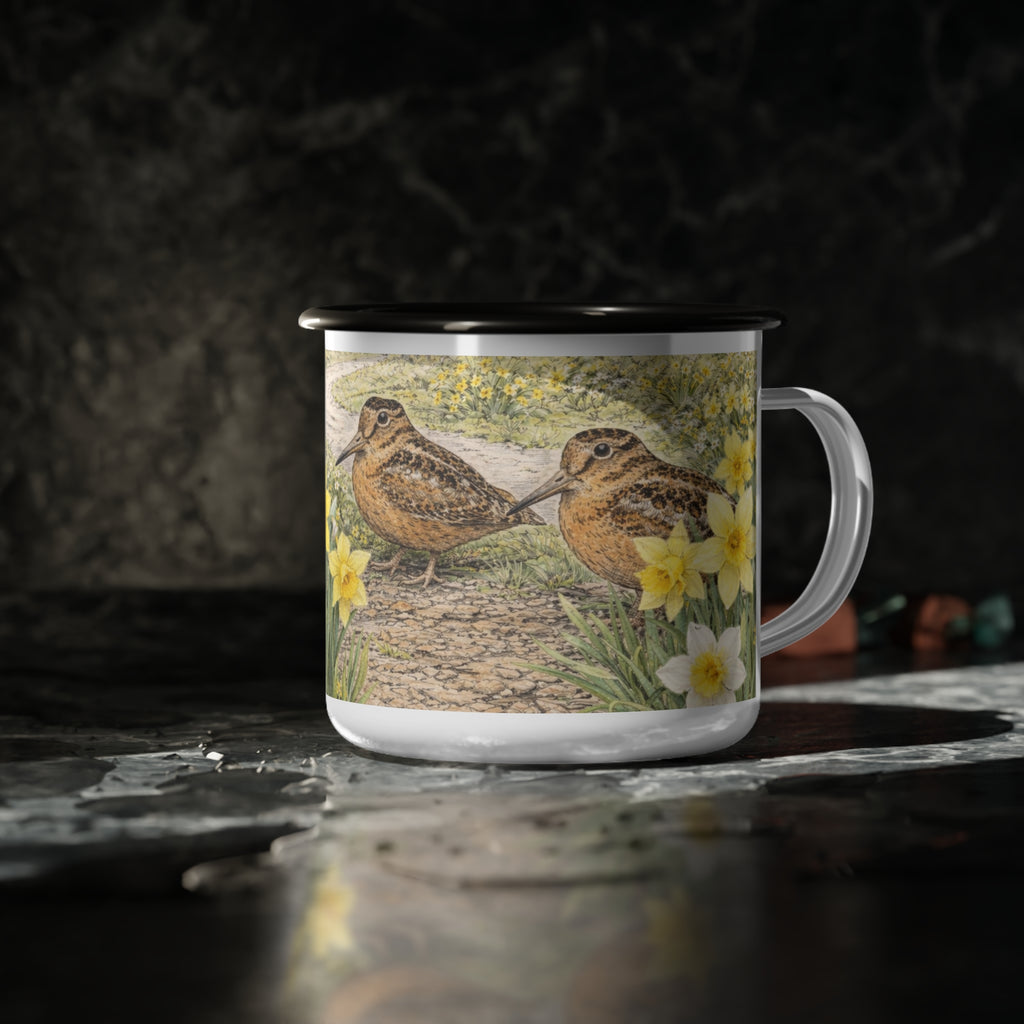 Bryant Park American Woodcock Springtime Enamel Camping Mug — Woodcock Bird Illustration, Rustic Outdoor Campgrounds Coffee Cup