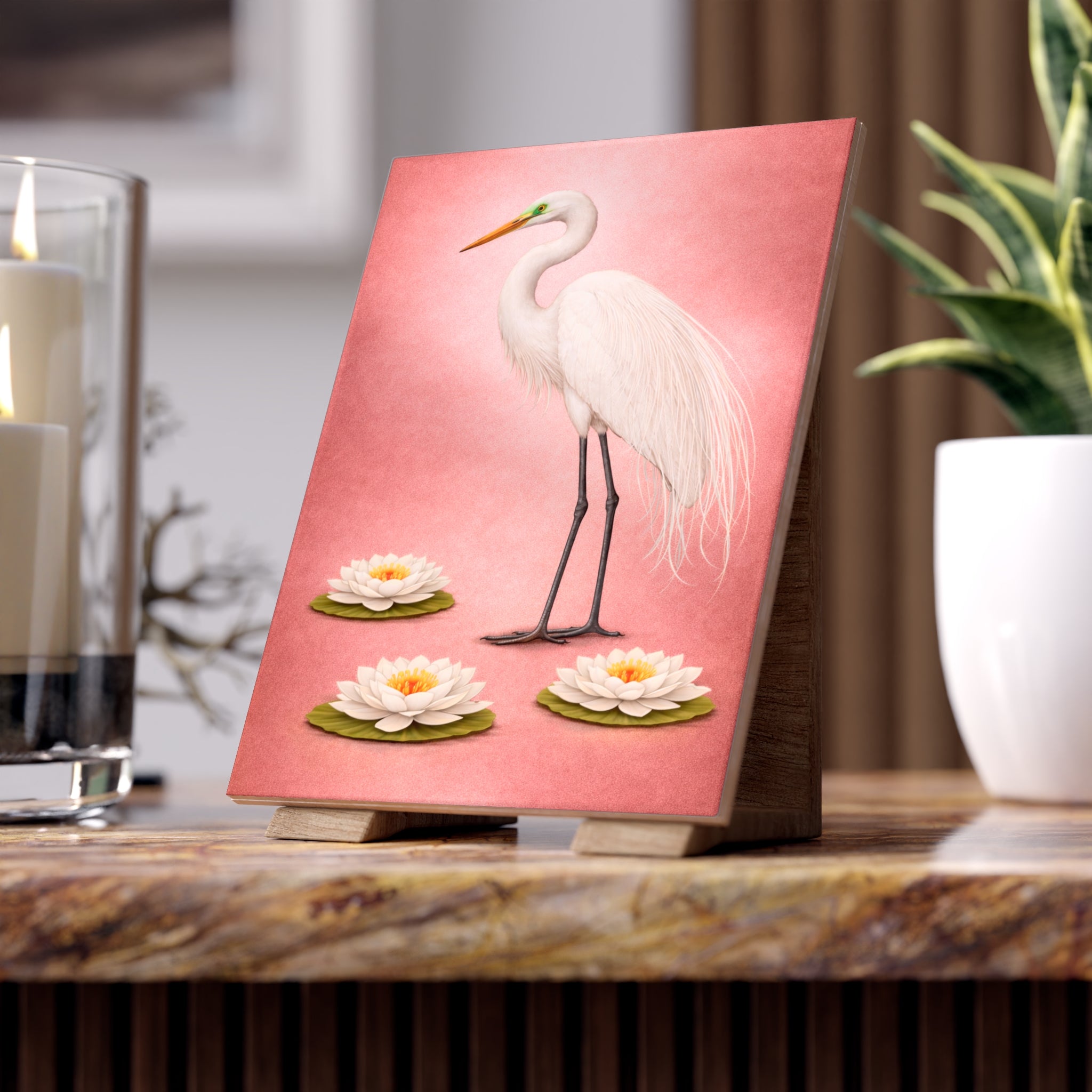 Jamaica Bay Art Deco Great Egret on Rose Gold Ceramic Shower Tile - Coastal Ceramic Bath Tile