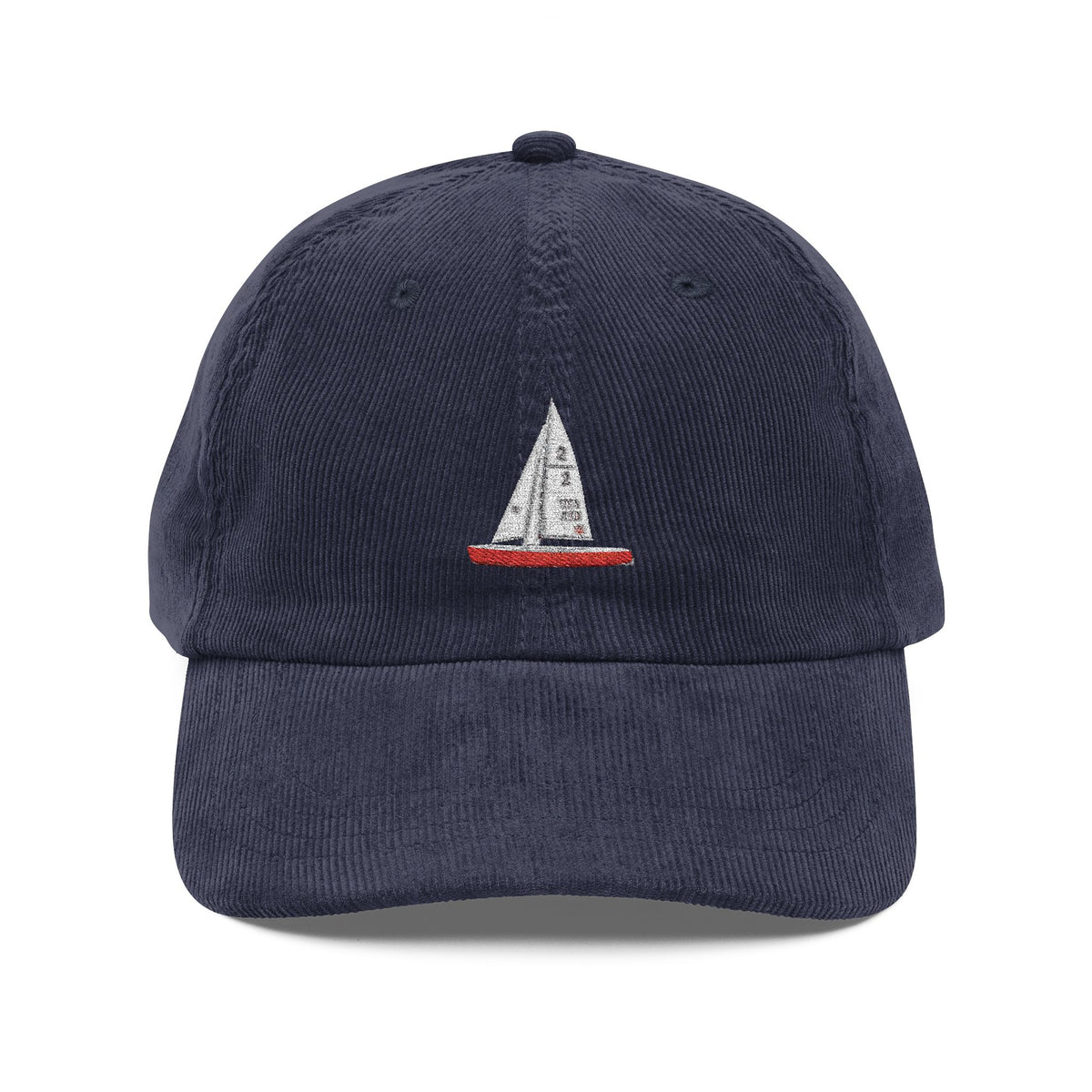 Central Park Model Sailboat Embroidered Corduroy Cap — Navy Trucker Hat