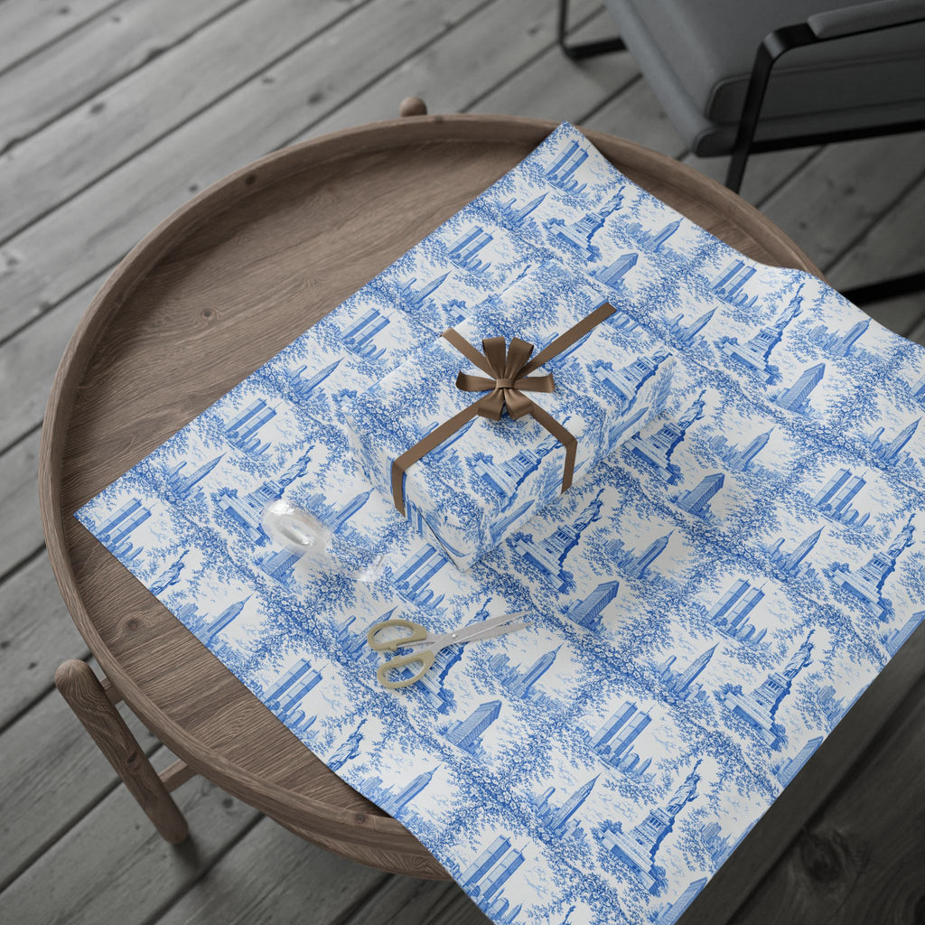 Manhattan NYC Blue Toile Gift Wrapping Papers   Chinoiserie New York City Gift Wrap Empire State Building Twin Towers Statue of Liberty