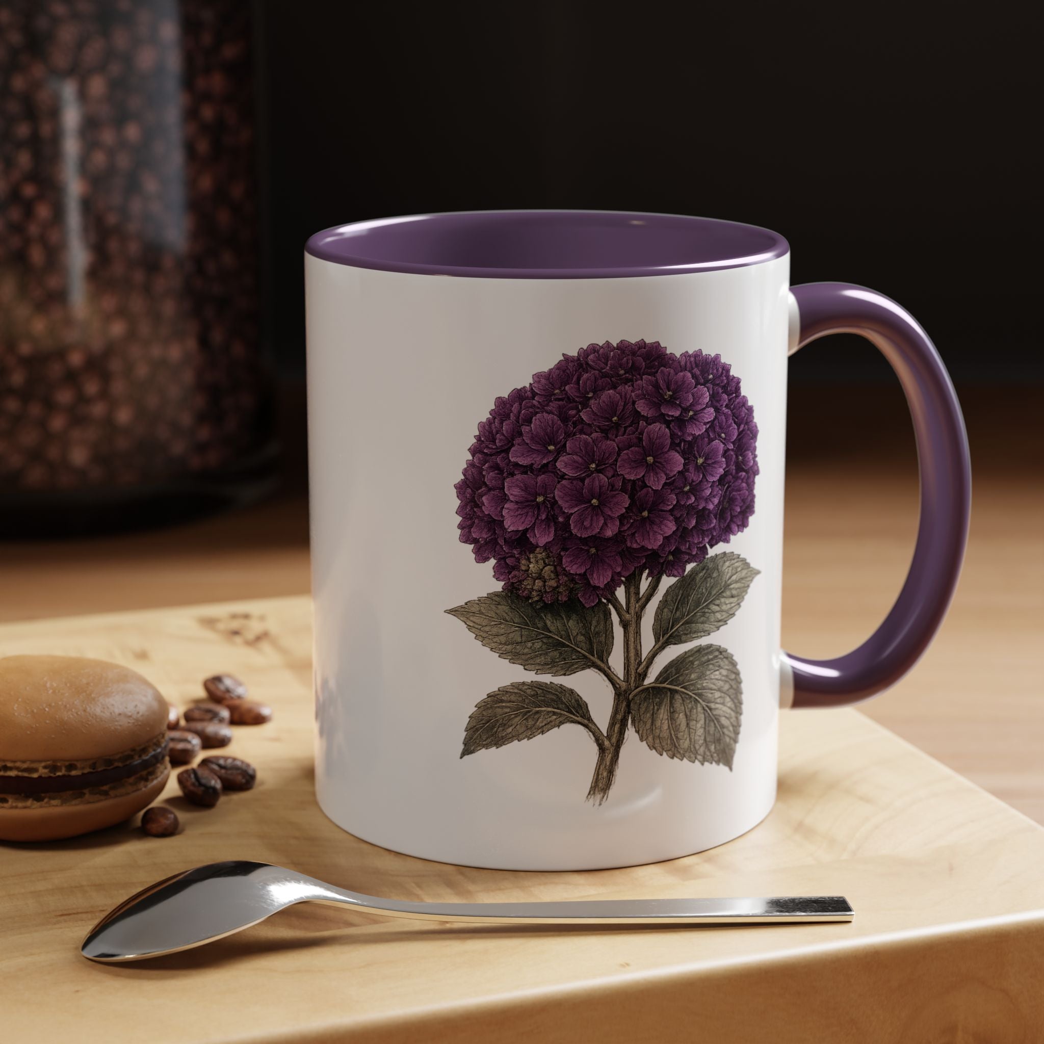 Hamptons Purple Hydrangea Accent Coffee Mug – Blue Floral 11 oz