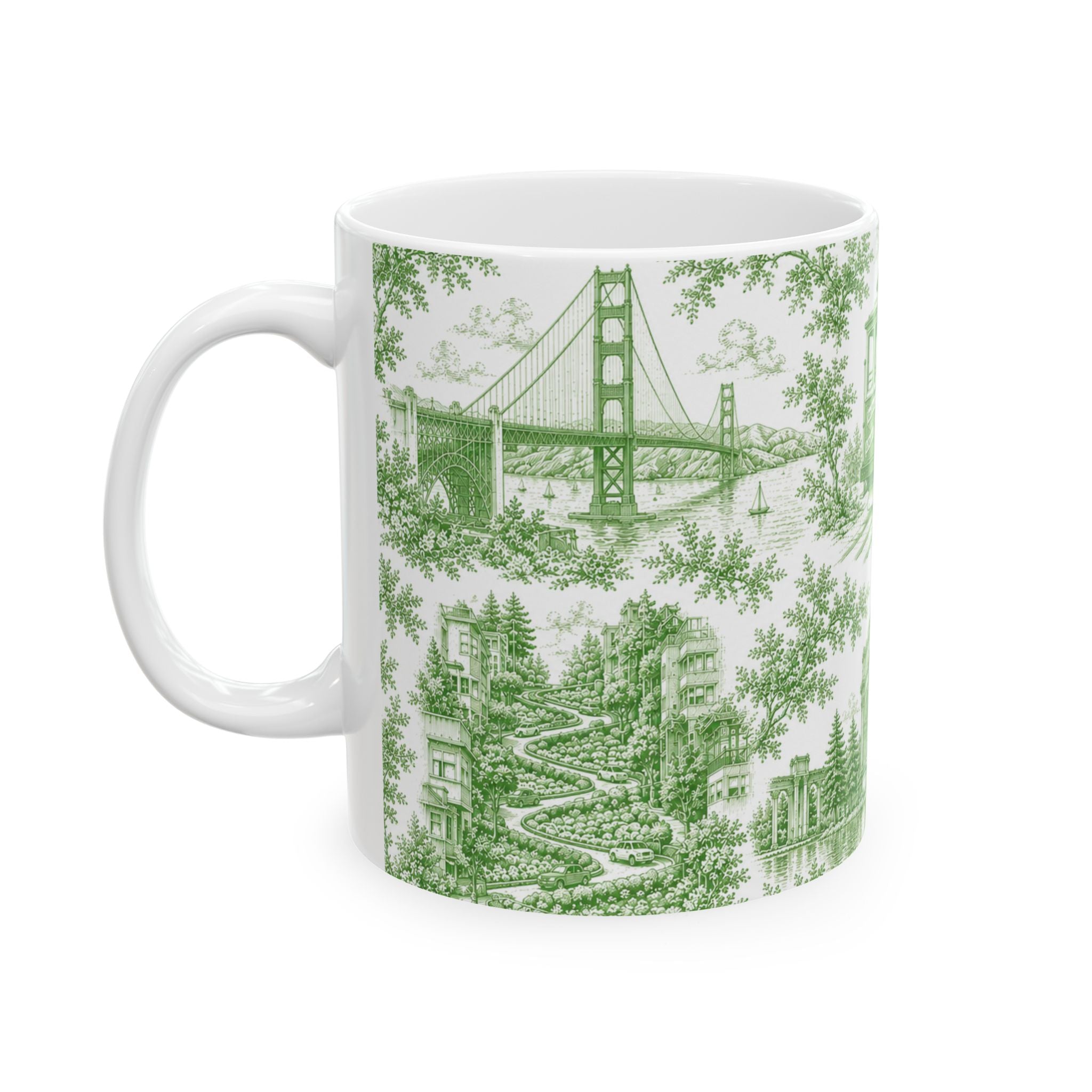 San Francisco Green Toile de Jouy Ceramic Mug — Vintage Cable Car & Palace of Fine Arts Design (11oz)