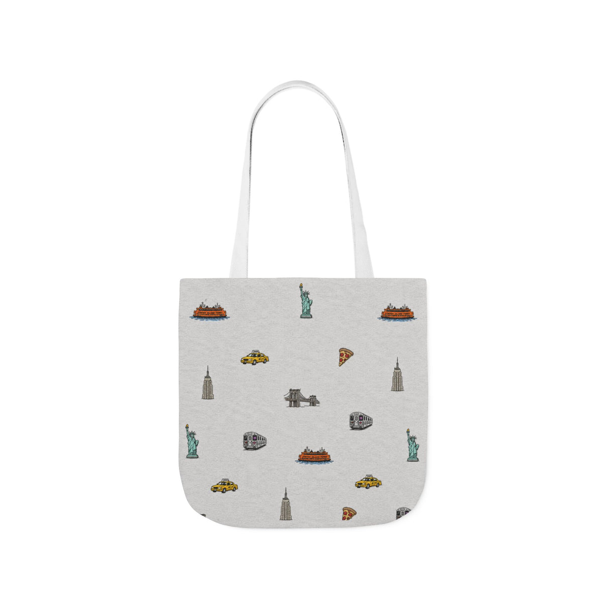 Icons of New York Heather Gray Canvas Tote — Statue of Liberty, Pizza & Taxi Pattern