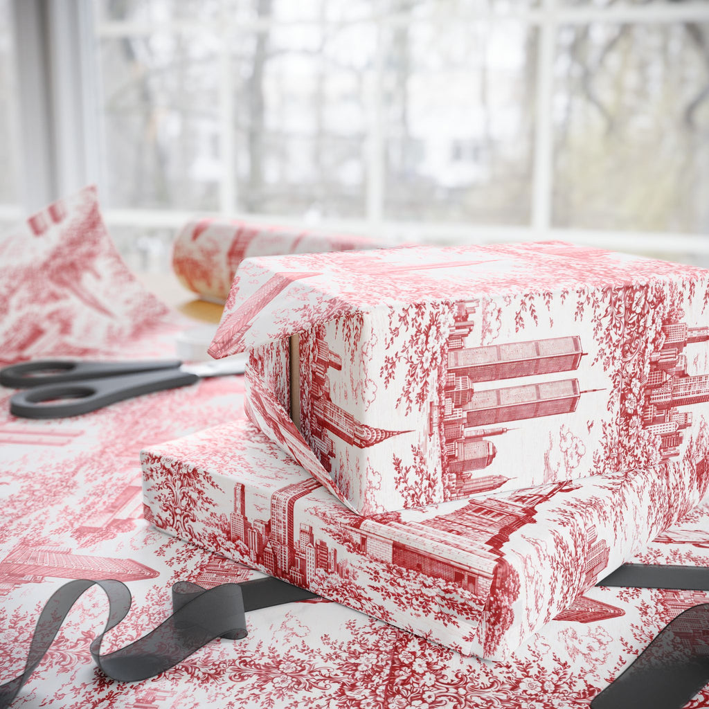 Manhattan NYC Red Toile Gift Wrapping Papers   Chinoiserie Old New York City Gift Wrap Empire State Building Twin Towers Statue of Liberty