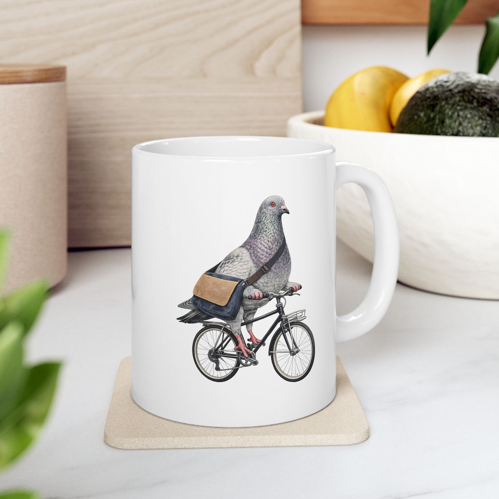 Customizable Midtown NYC Pigeon Mug | New York Bike Messenger Bird Lovers Ceramic Coffee Cup