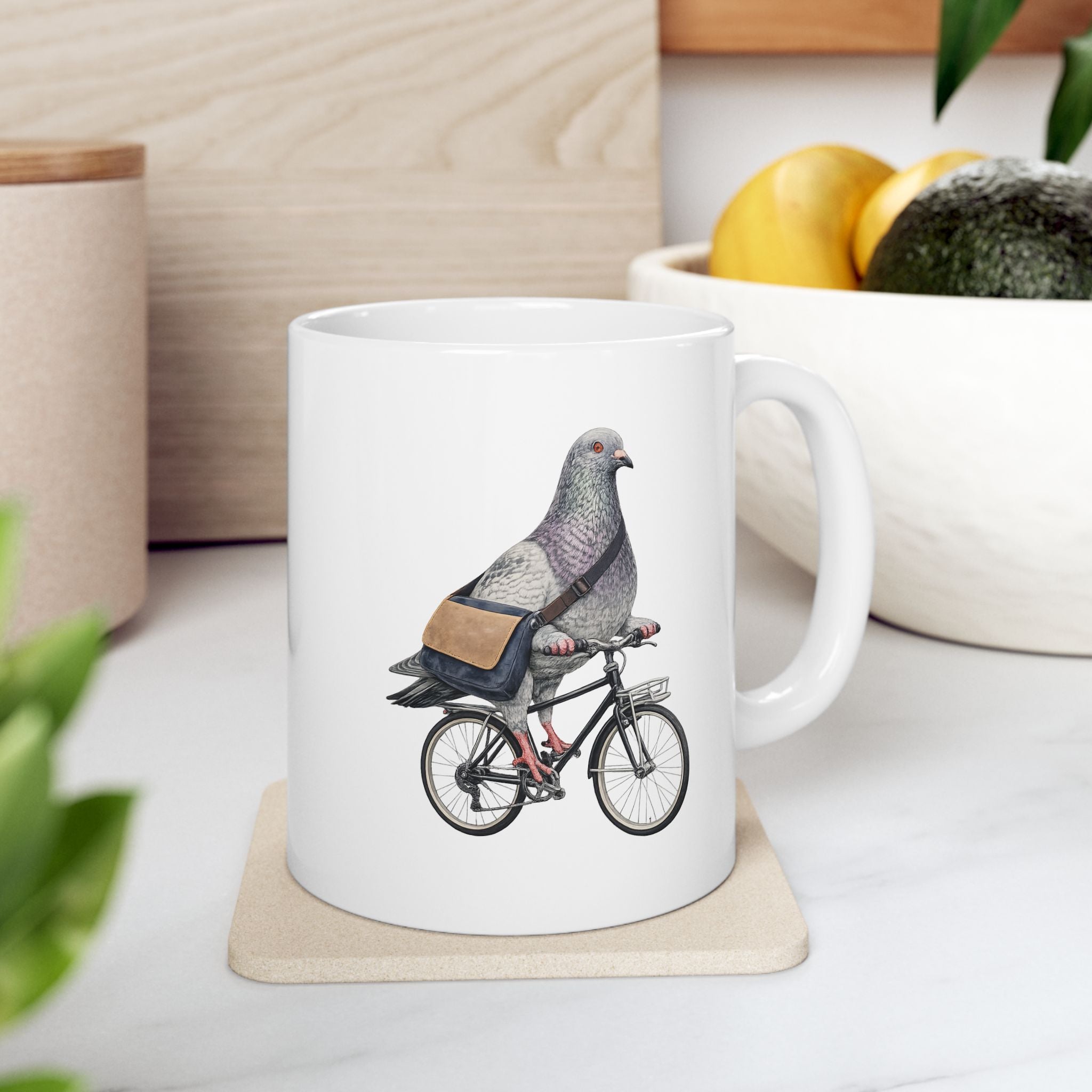 Customizable Midtown NYC Pigeon Mug | New York Bike Messenger Bird Lovers Ceramic Coffee Cup