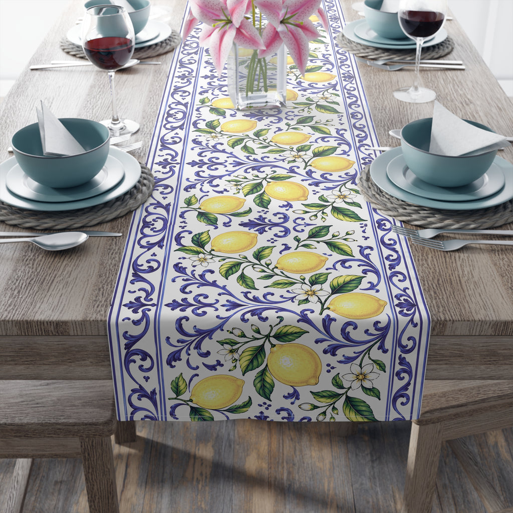 Little Italy Amalfi Blue and White with Lemon Table Runner – Mediterranean Blue & Yellow Dining Decor