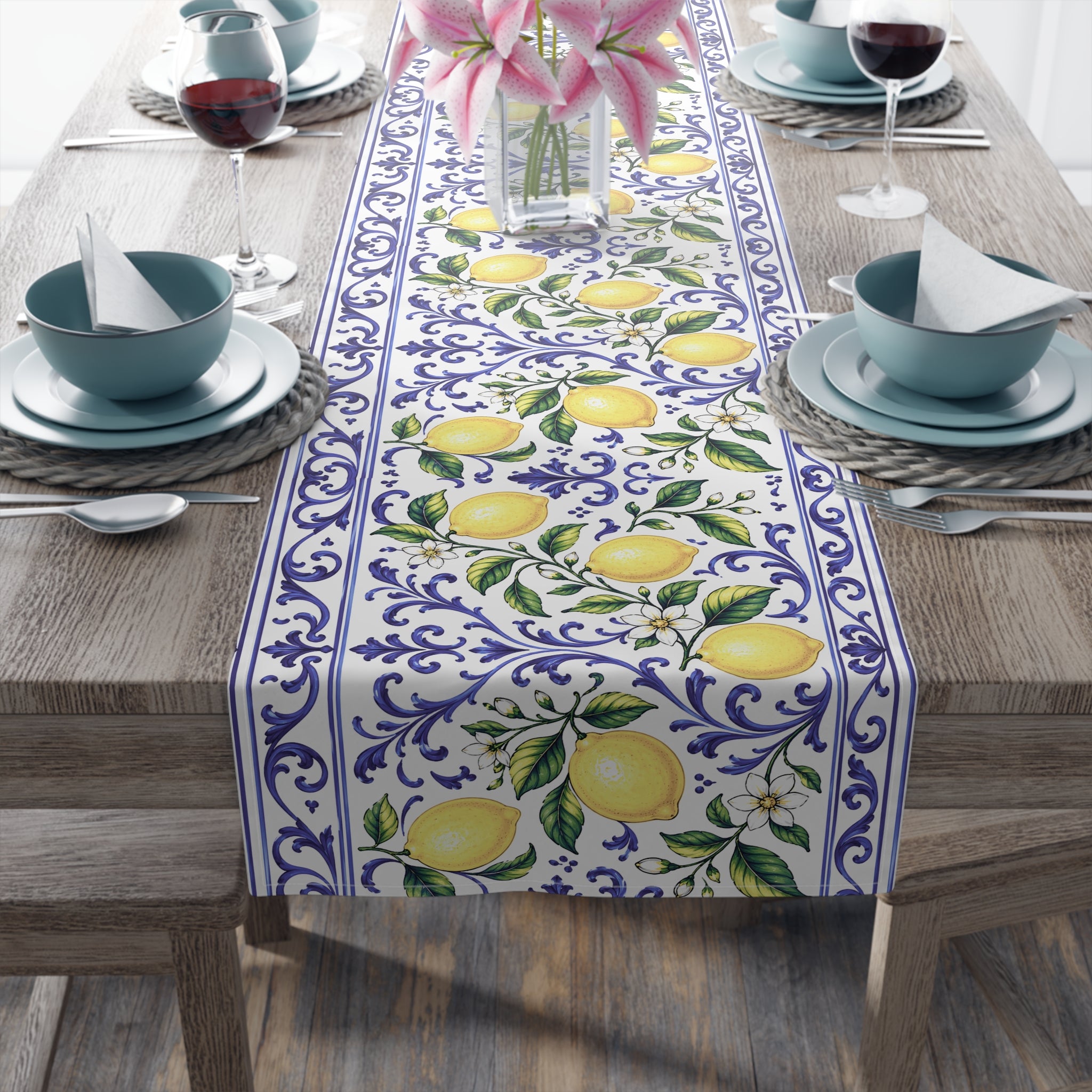 Little Italy Amalfi Blue and White with Lemon Table Runner – Mediterranean Blue & Yellow Dining Decor