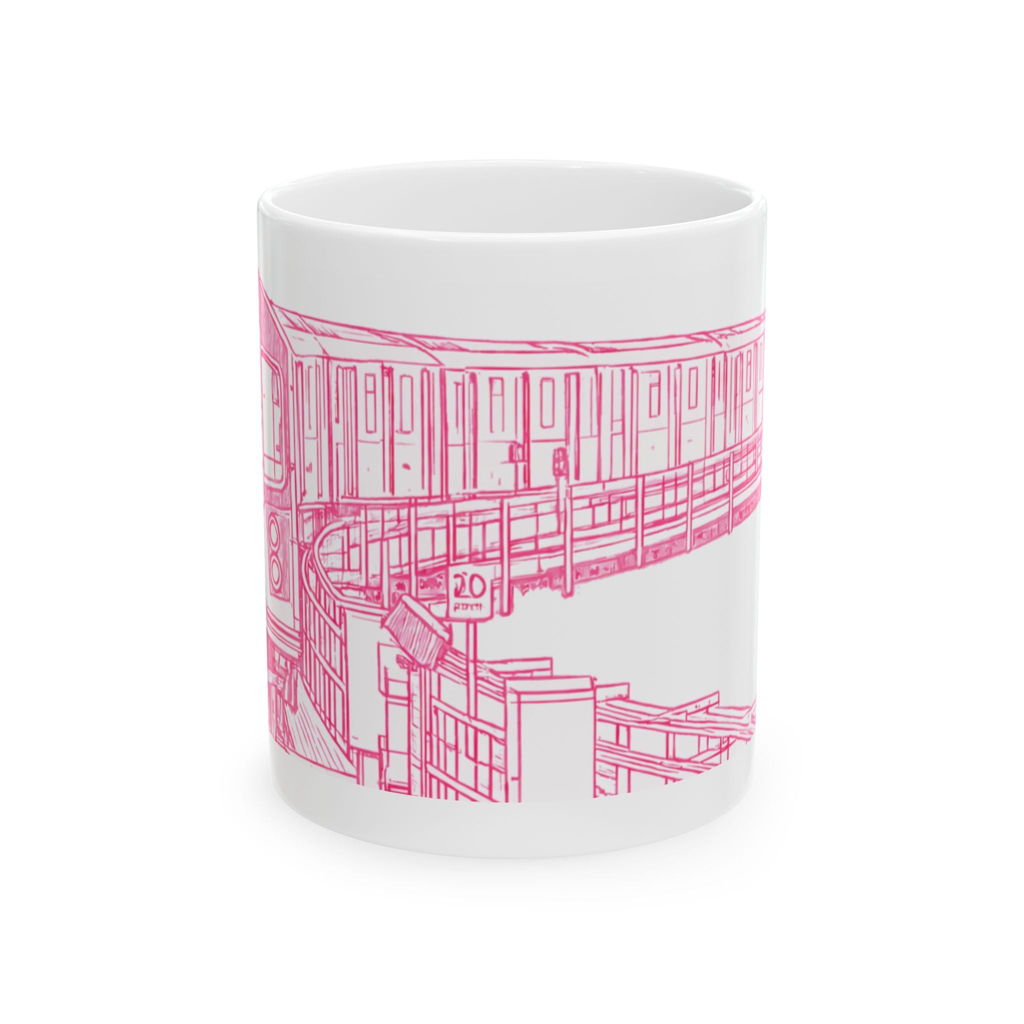 NYC Elevated Subway Pink Train Mug | Urban Transit Sketch Coffee Mug