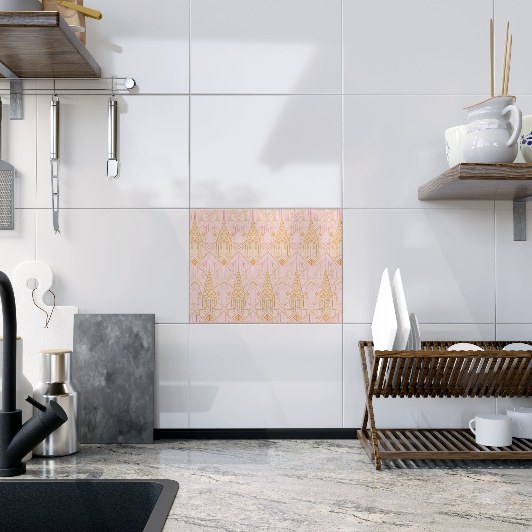 Carrelage mural de cuisine Art Déco en céramique Chrysler Building – Accent géométrique rose et or de New York 15 x 20 cm pour douche
