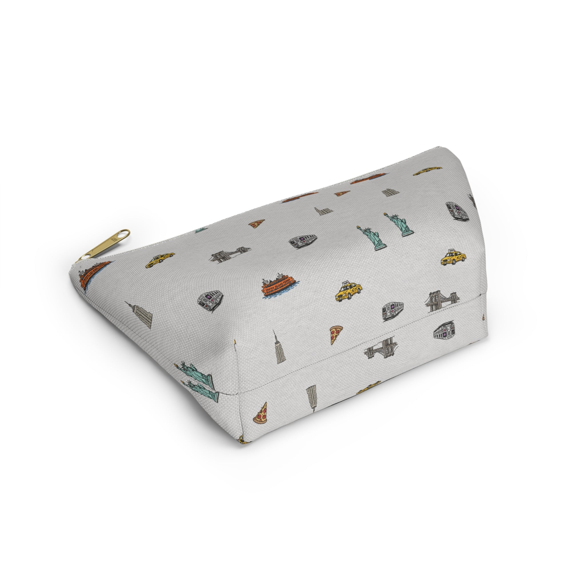 Icons of New York City Heather Gray Accessory Pouch — T-Bottom Makeup Bag with Statue of Liberty, Taxi & Pizza Pattern