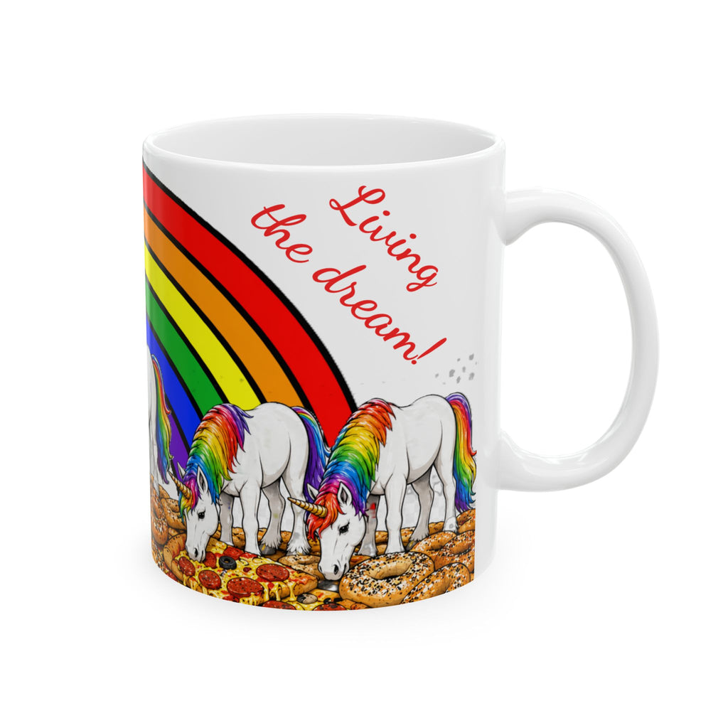 NYC Living the Dream Rainbow Unicorn Mug —  Pizza and Bagels New York Is a Fairy Tale Ceramic Coffee Cup