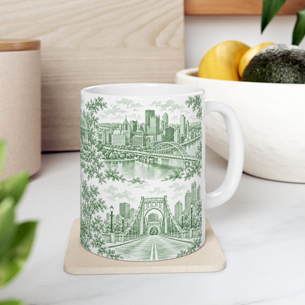 Pittsburgh Green Toile de Jouy Ceramic Mug — Pennsylvania Chinoiserie (11oz)