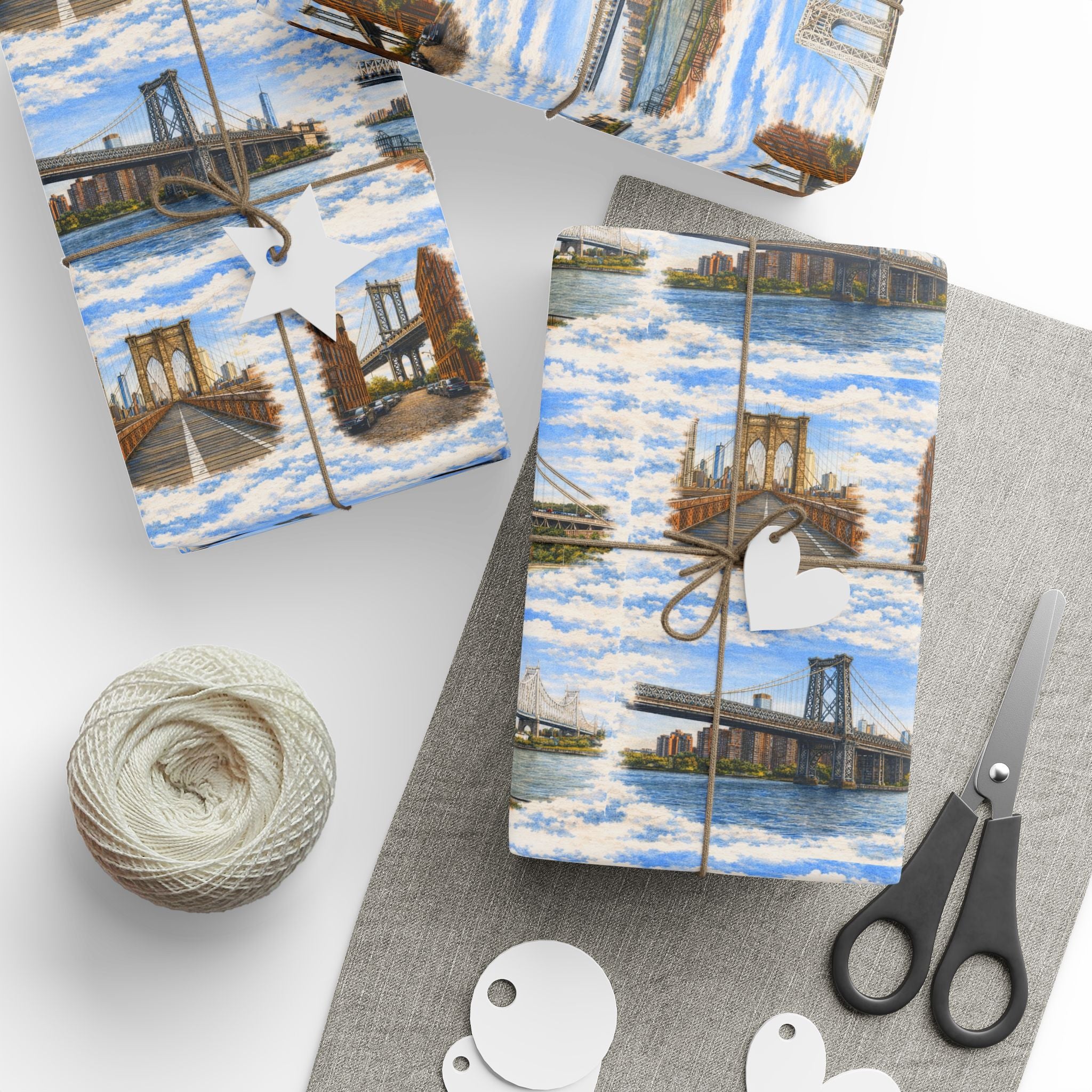 The Bridges of New York County Sky Toile NYC Gift Wrapping Paper | New York City Brooklyn Bridge DUMBO Manhattan Toile Pattern Roll