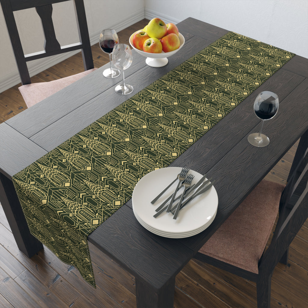 Art Deco Chrysler Building Green & Gold Table Runner — NYC Elegant Geometric Tabletop Dining Decor