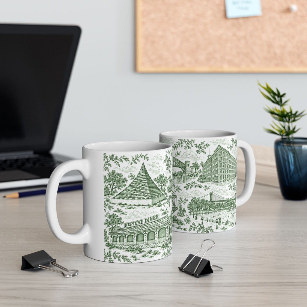 Astoria Green Toile Cityscape Ceramic Mug — 11oz Decorative Coffee Cup