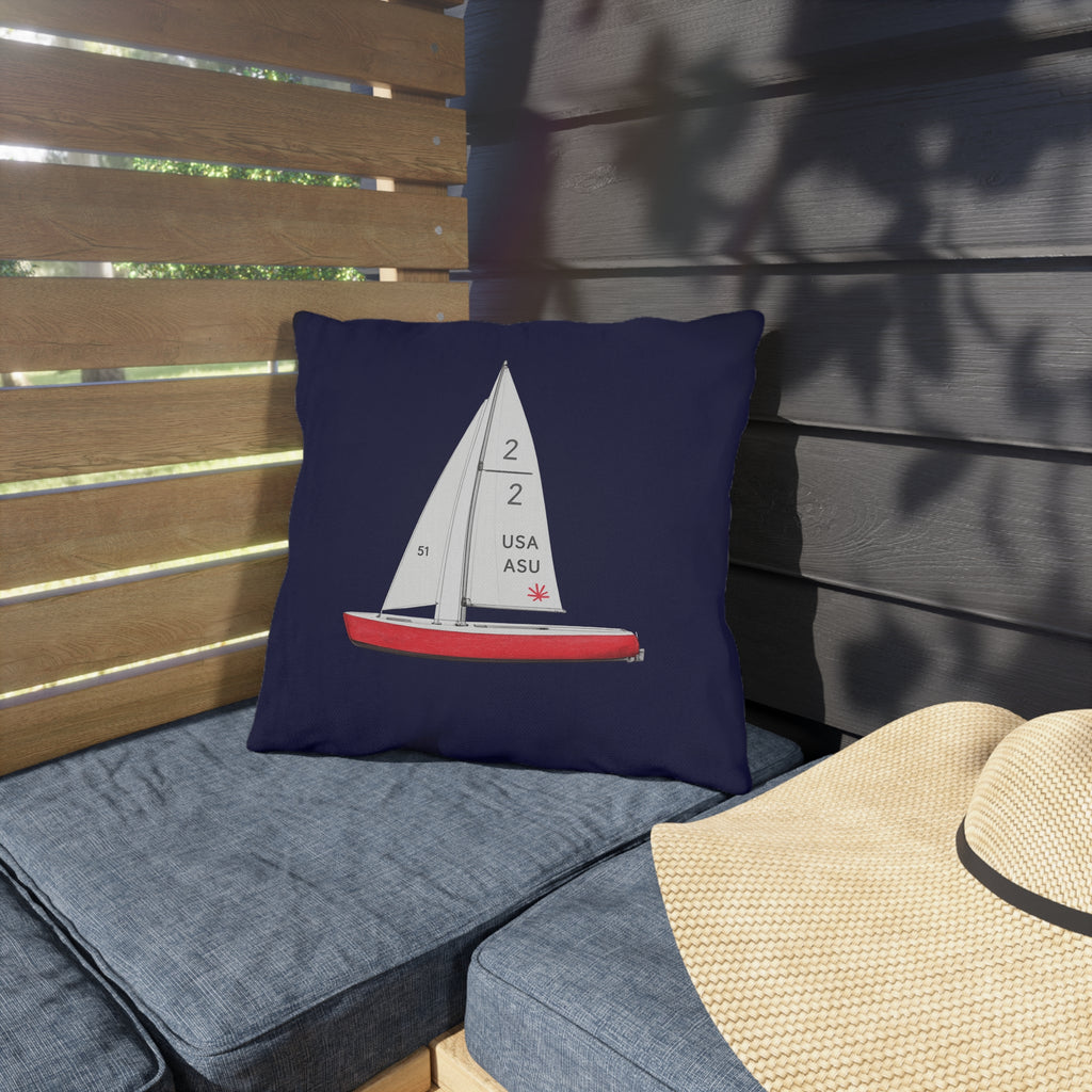 Central Park Model Sailboat  Navy Outdoor Pillow  – Cozy Hamptons Patio Throw Cushion