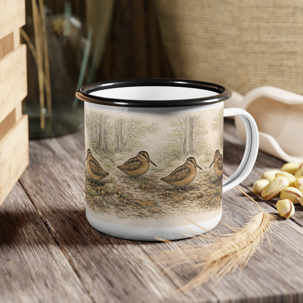 Bryant Park American Woodcock Enamel Camping Mug — Woodcock Bird Illustration, Rustic Outdoor Campgrounds Coffee Cup