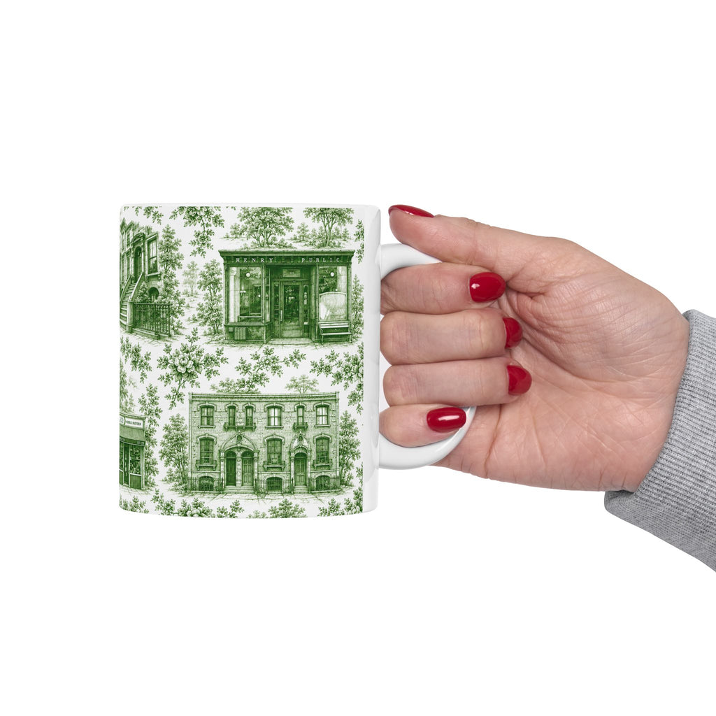 Cobble Hill Green Toile de Jouy Mug | NYC Chinoiserie Ceramic Coffee Cup