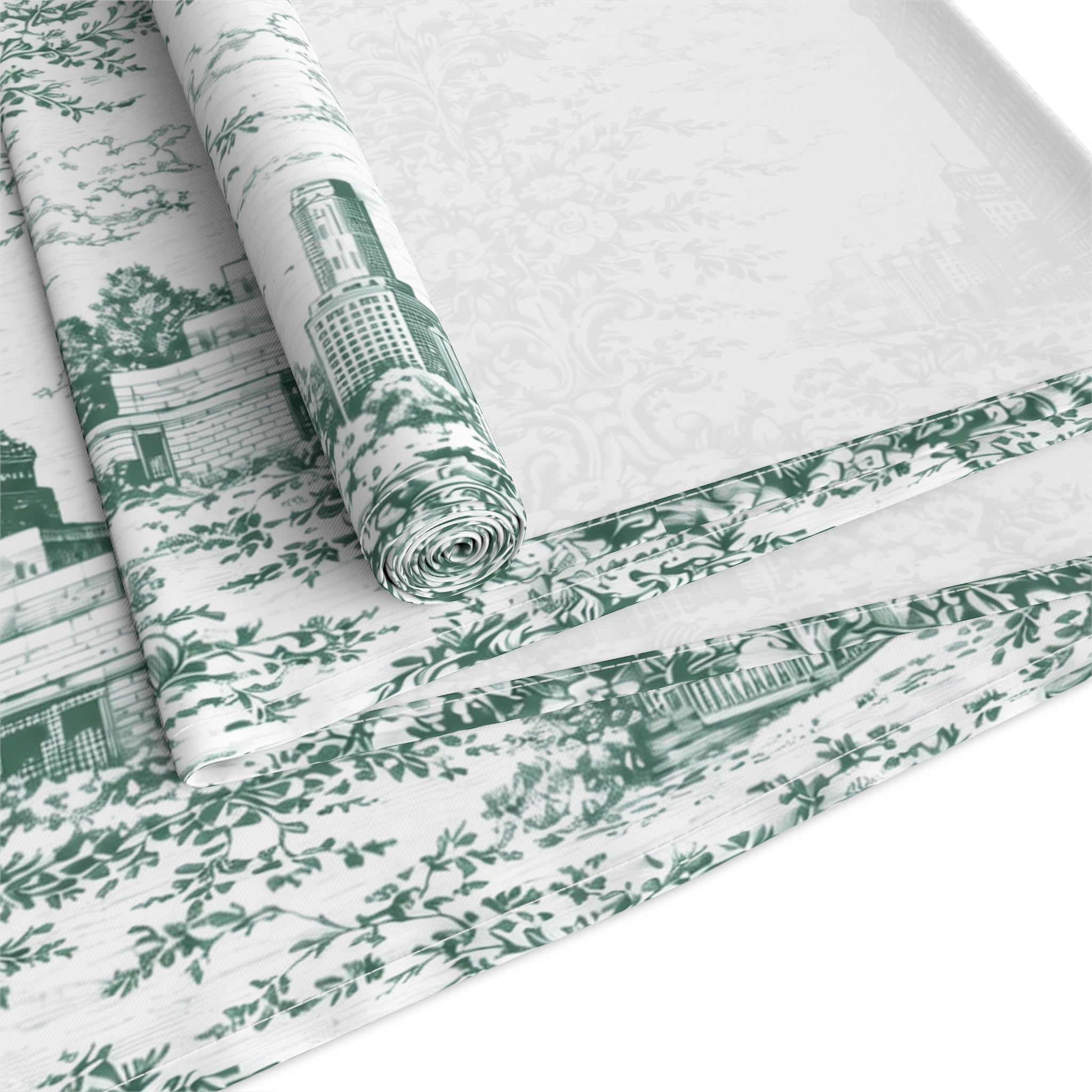 Chemin de table Toile de Jouy vert New York – Décoration de table paysagère panoramique de New York de style chinoiserie
