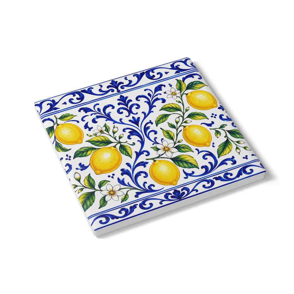 Posavasos de cerámica Little Italy Amalfi azul y blanco con limón — Posavasos de bebida con patrón de limón mediterráneo