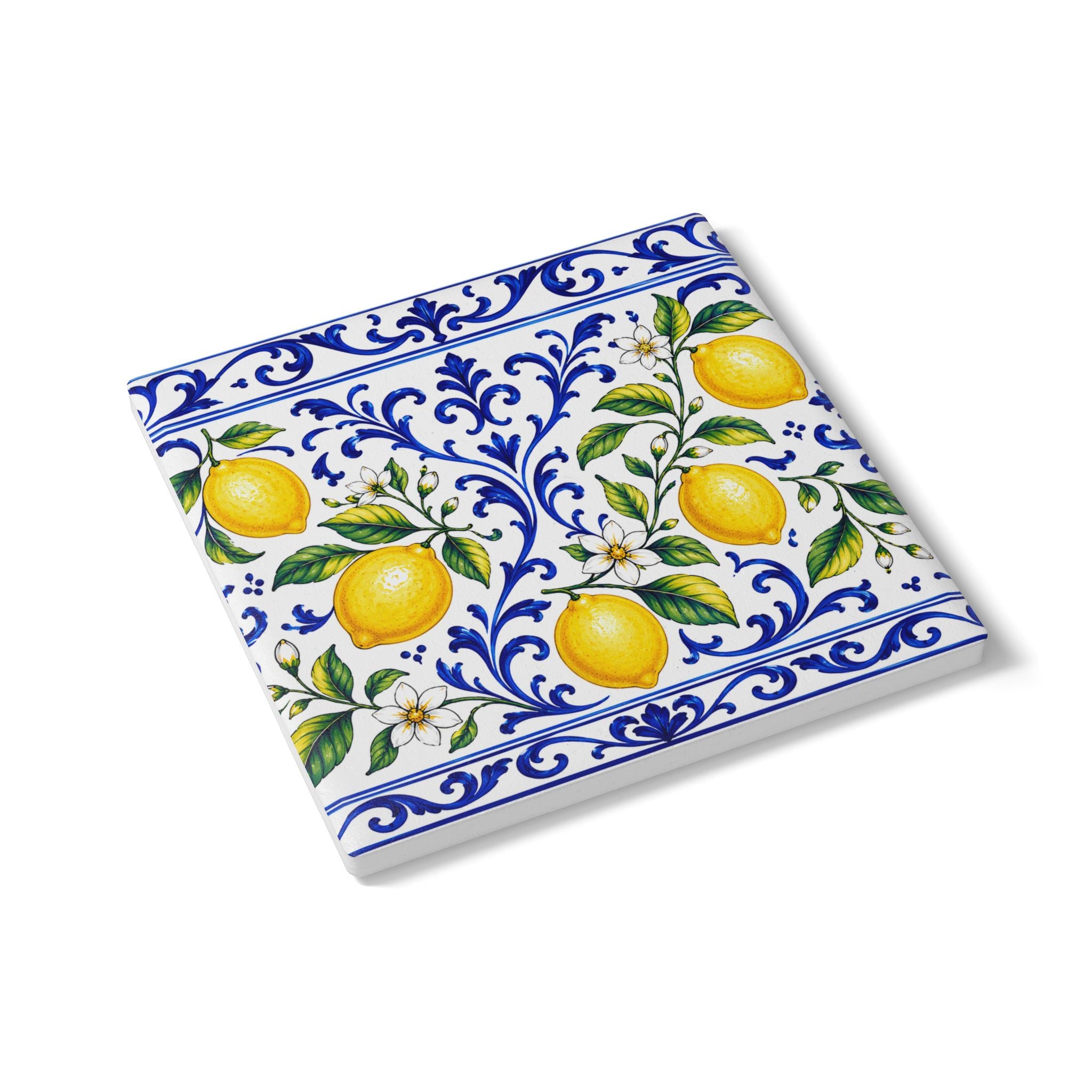 Little Italy Amalfi Blue and White with Lemon Ceramic Coaster — Mediterranean Lemon Pattern Drink Coaster