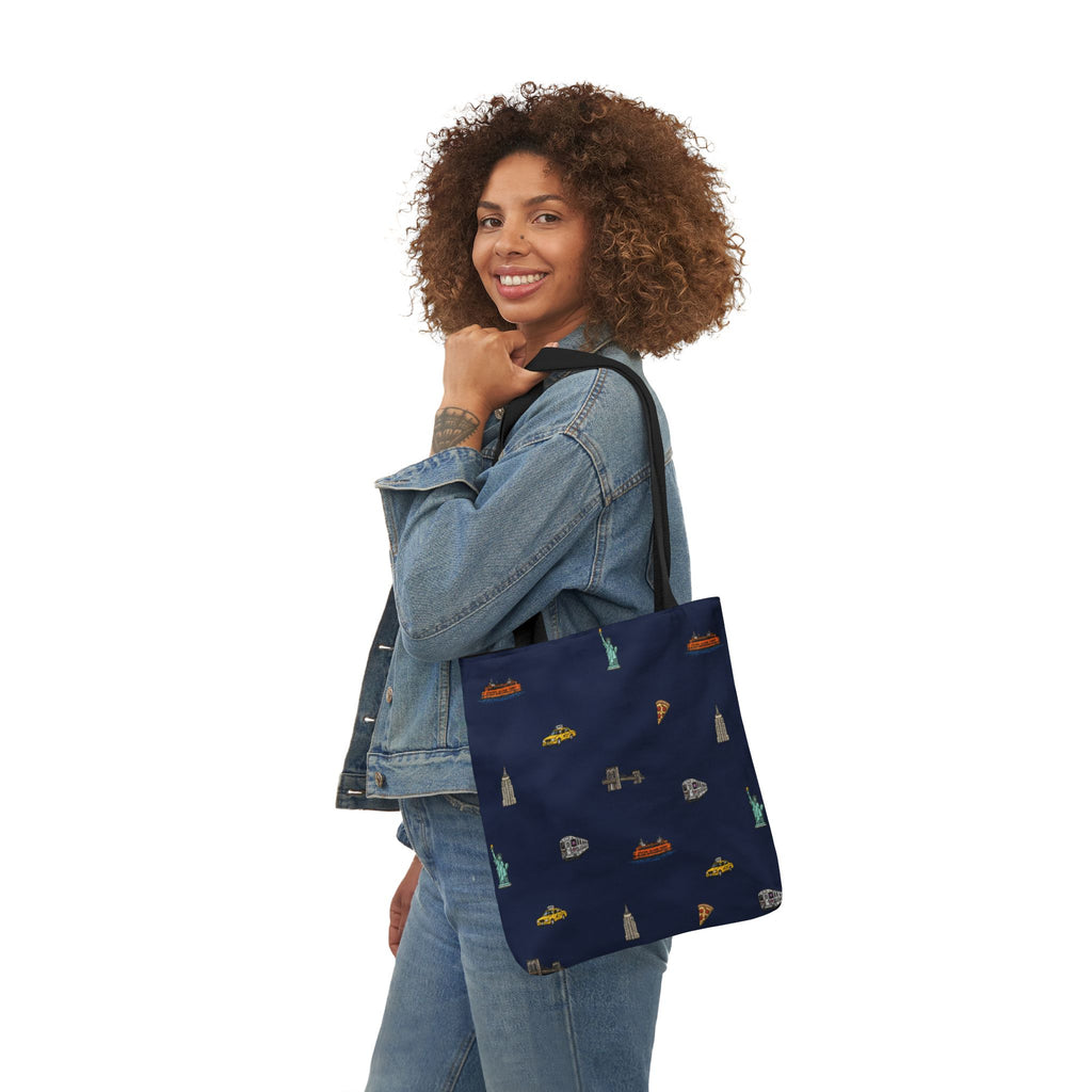 Icons of New York City Blue Canvas Tote — Statue of Liberty, Pizza & Taxi Pattern