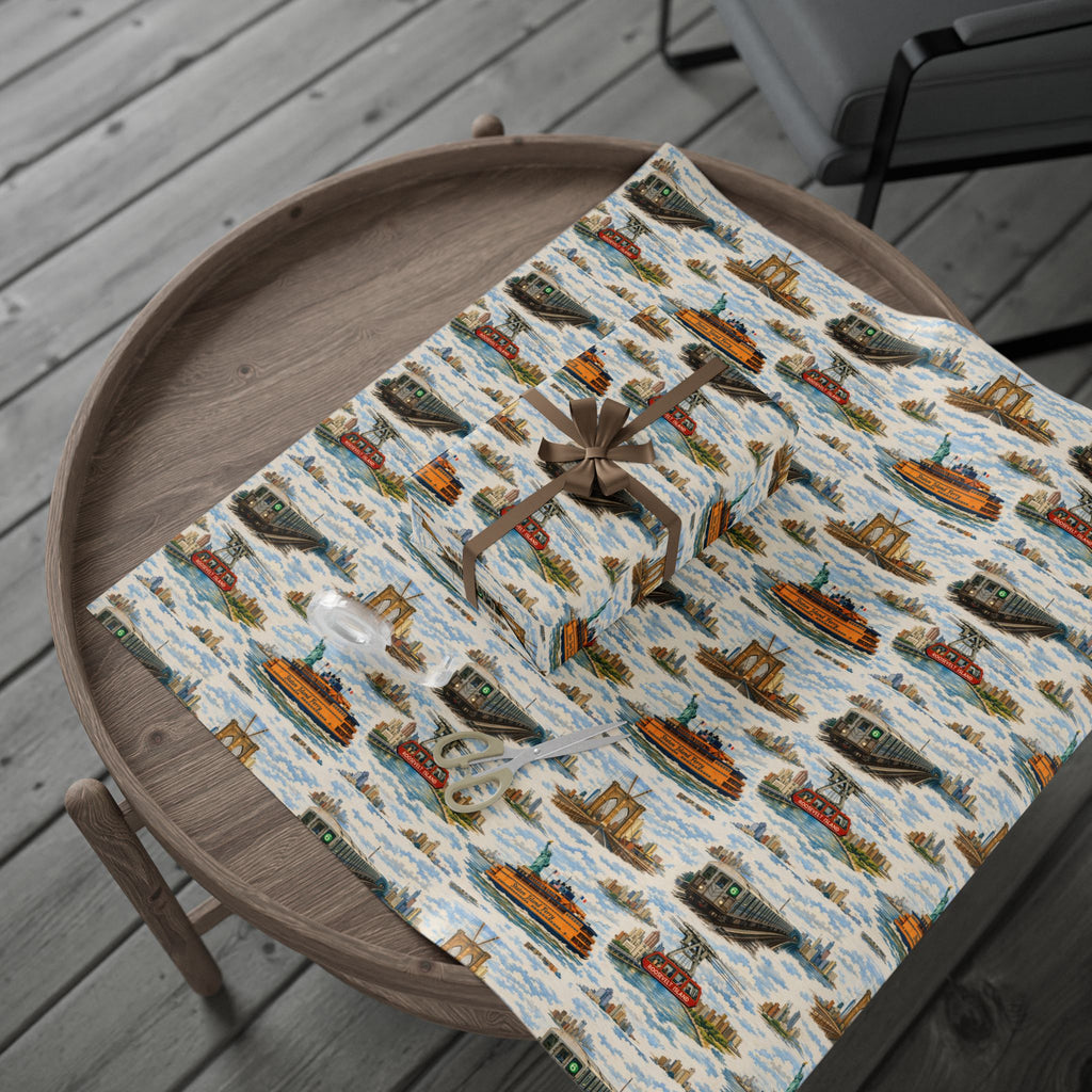NYC Commuter Bridge & Tunnel Proud Toile NYC Gift Wrapping Paper | New York City Transit Subway Ferry Toile Pattern Roll