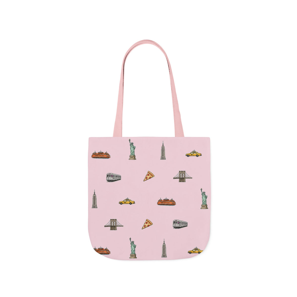 Icons of New York City Pink Canvas Tote — Statue of Liberty, Pizza & Taxi Pattern