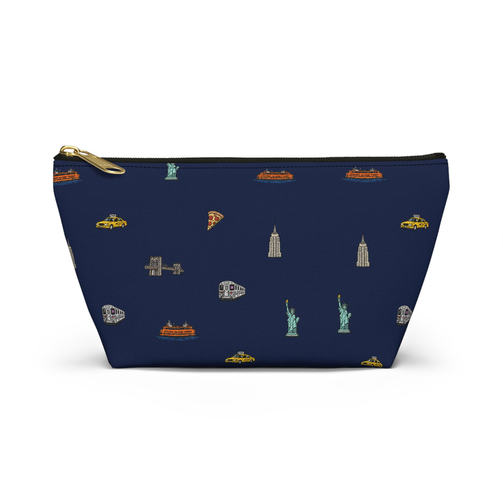 Icons of New York City Navy Blue Accessory Pouch — T-Bottom Makeup Bag with Statue of Liberty, Taxi & Pizza Pattern