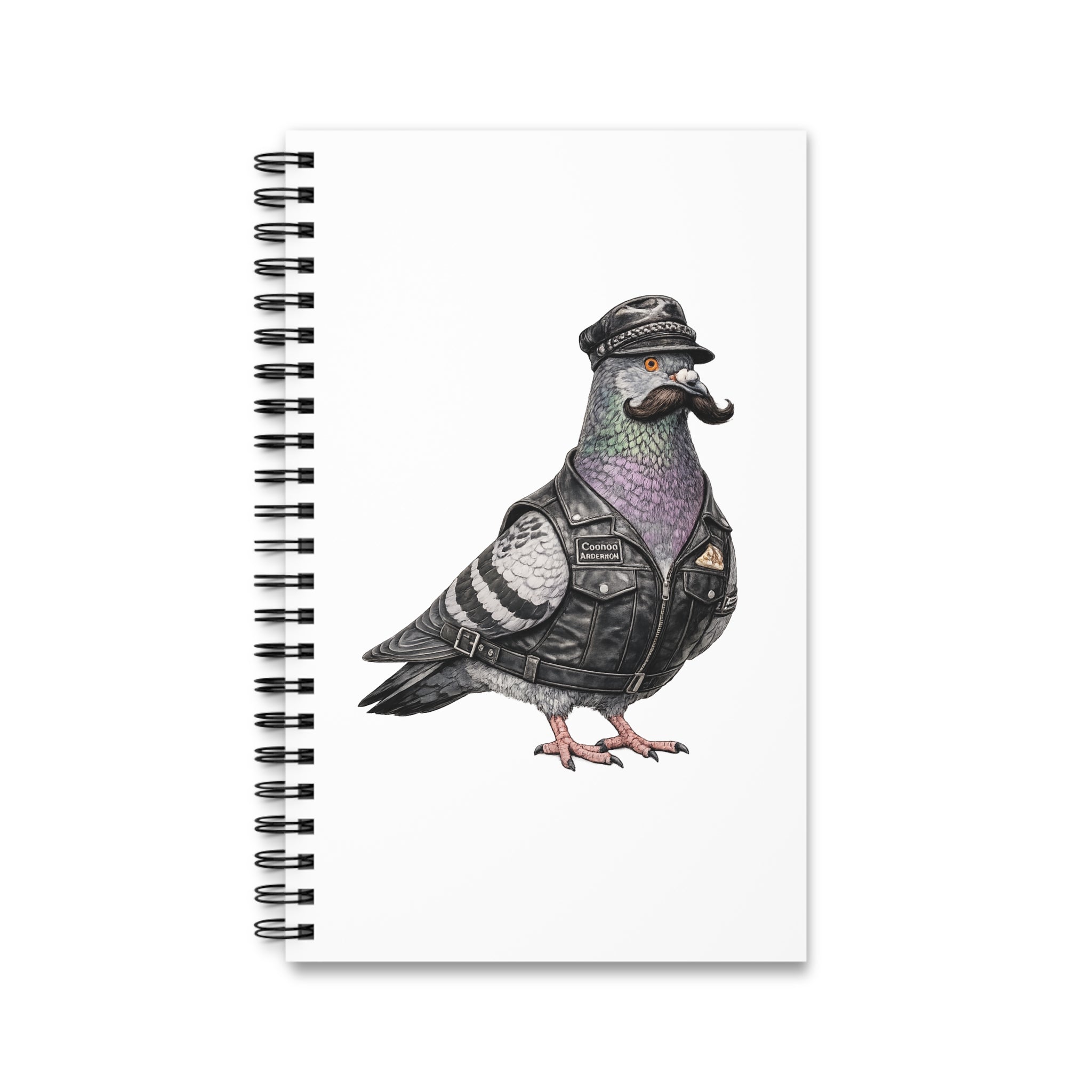 Customizable Chelsea NYC Pigeon Spiral Journal | LGBTQ Black Leather Biker Bird Lovers Notebook