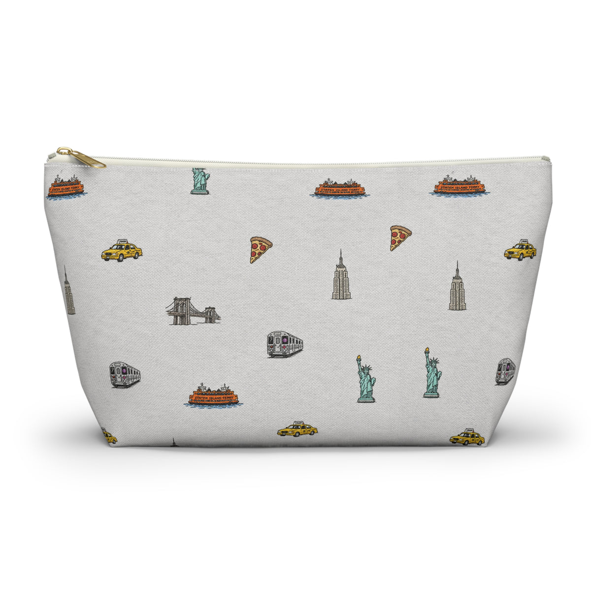 Icons of New York City Large Heather Gray Accessory Pouch — T-Bottom Makeup Bag with Statue of Liberty, Taxi & Pizza Pattern