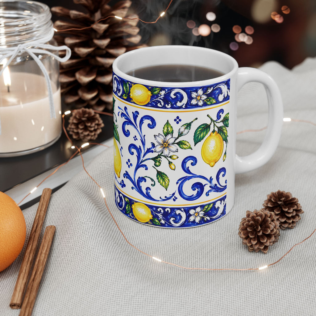 Little Italy Amalfi Blue and White with Lemon Mug — Italian Mediterranean Pattern Coffee Cup (11oz)