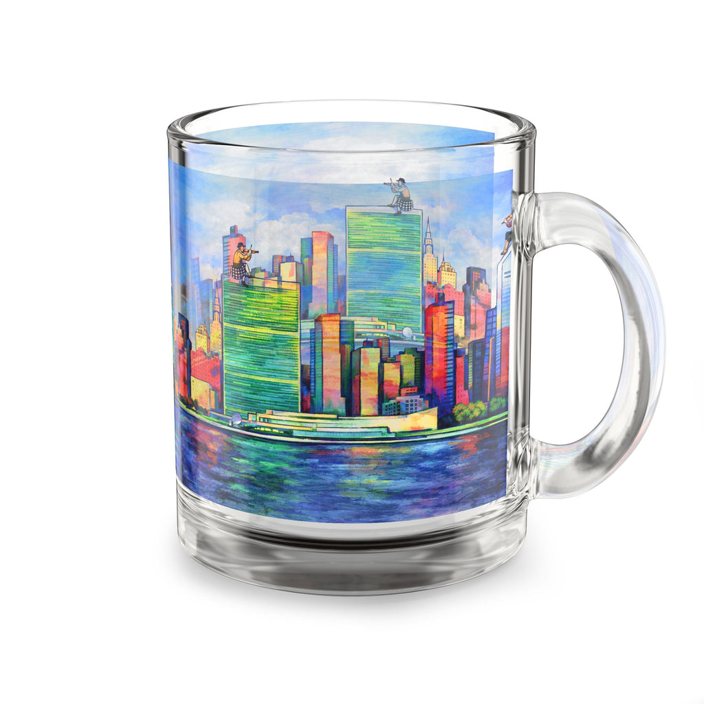 Fiddler on the Manhattan Roof Marc Chagall-inspired Glass Mug | 10oz NYC Manhattan Skyline Pattern