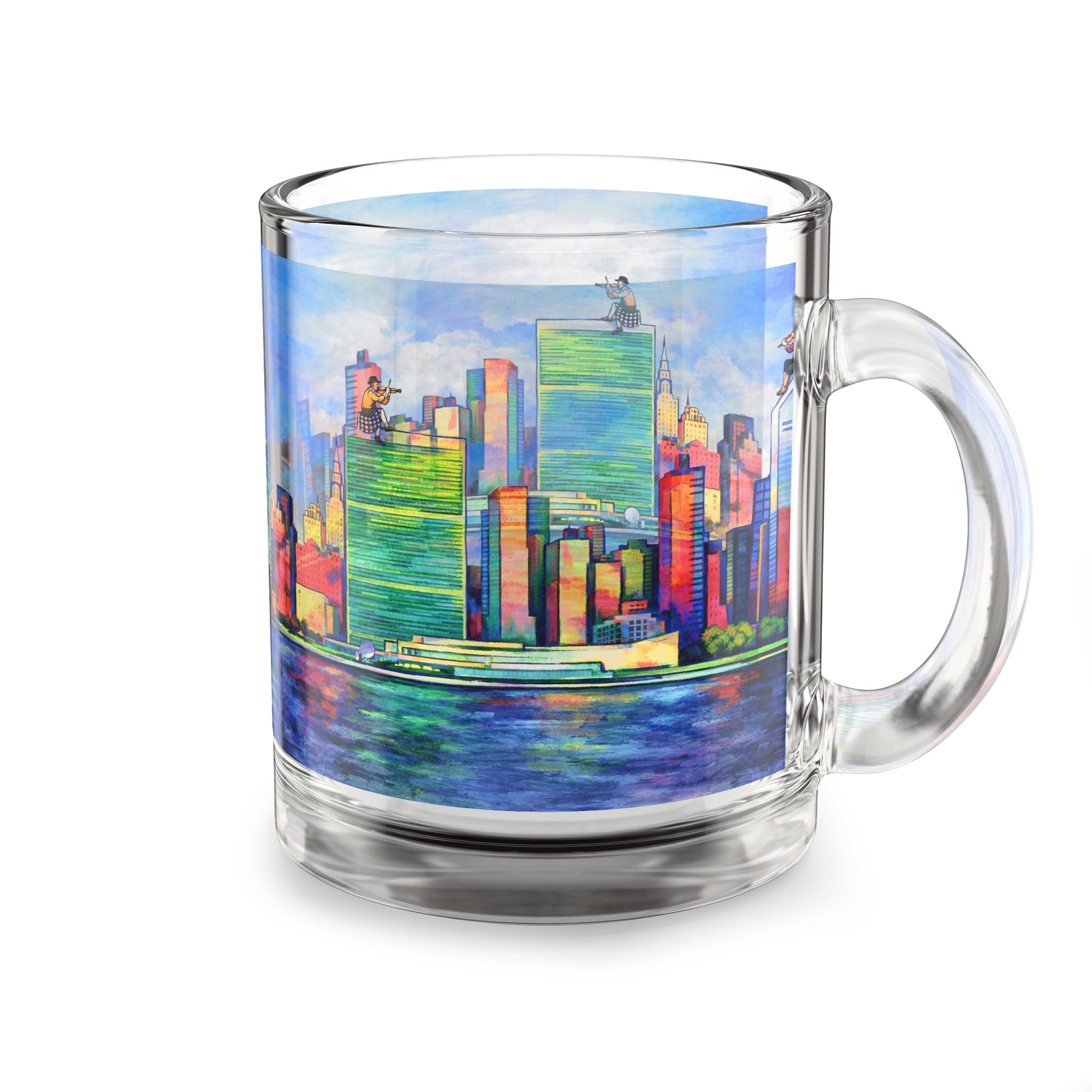 Fiddler on the Manhattan Roof Marc Chagall-inspired Glass Mug | 10oz NYC Manhattan Skyline Pattern