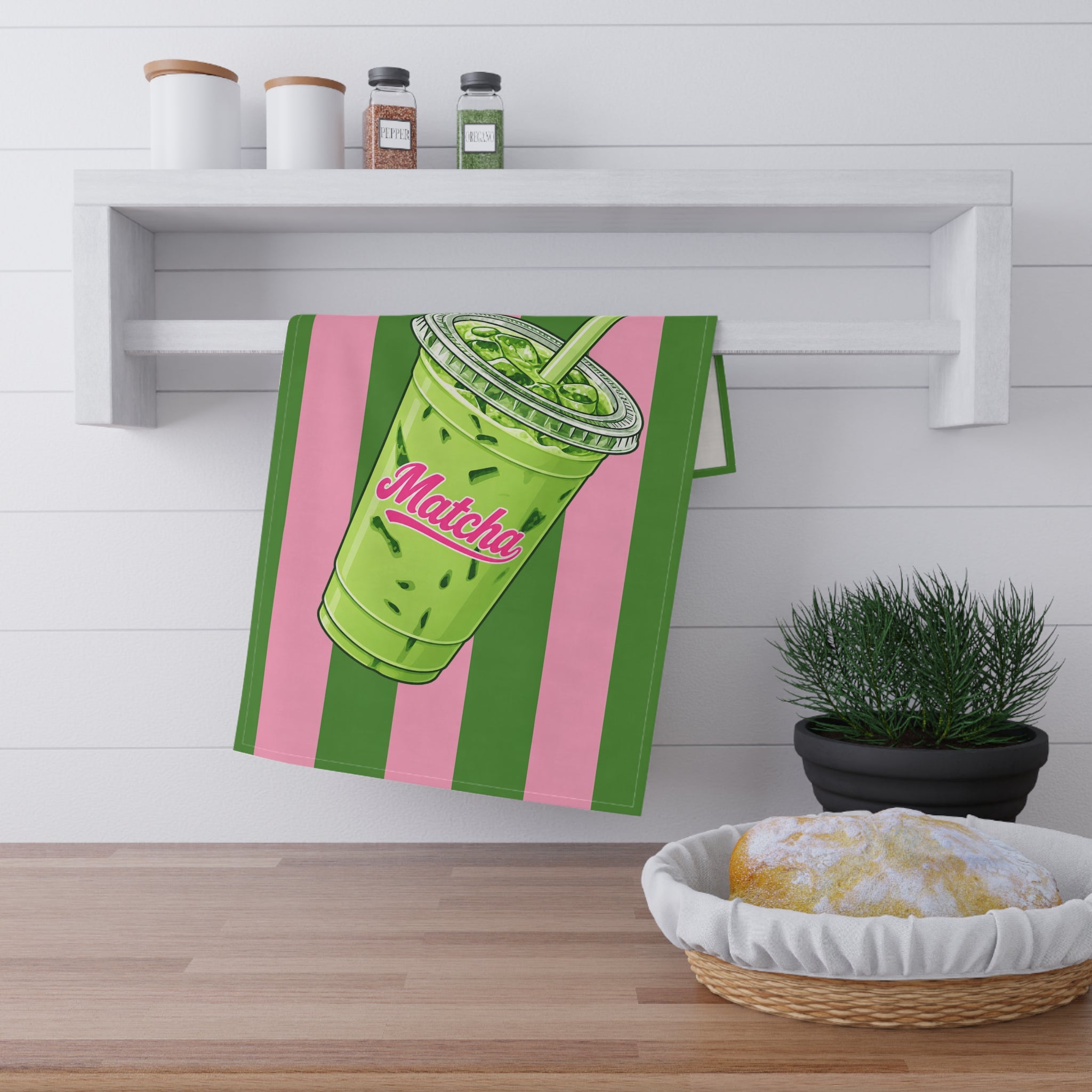 Matcha Drink Tea Towel — Green & Pink Striped Kitchen Towel with 'Matcha' Cup Design Hostess Gift
