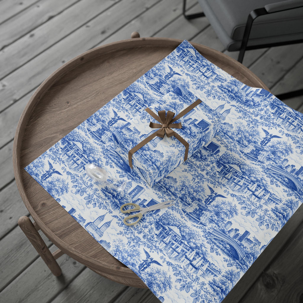 Central Park Blue Toile NYC Wrapping Paper | New York City Scenic Toile Pattern Roll