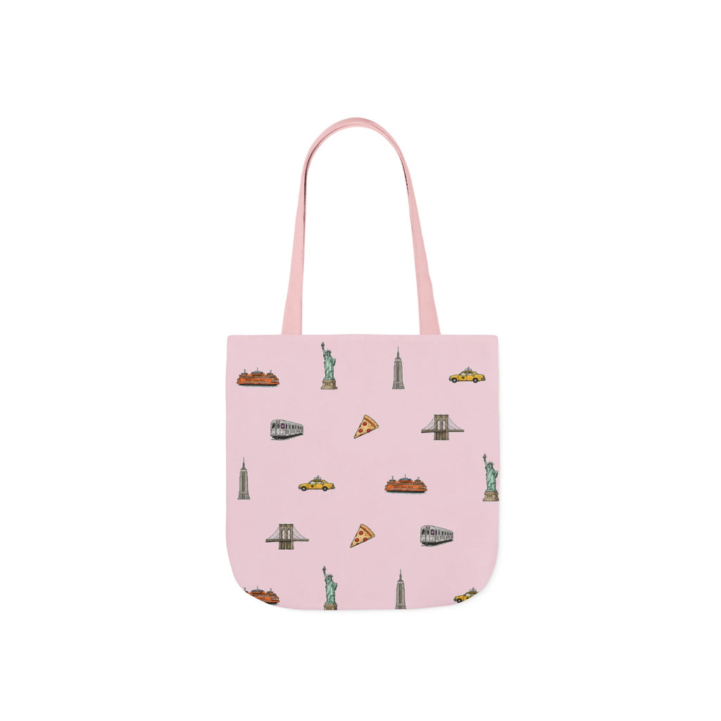 Icons of New York City Pink Canvas Tote — Statue of Liberty, Pizza & Taxi Pattern