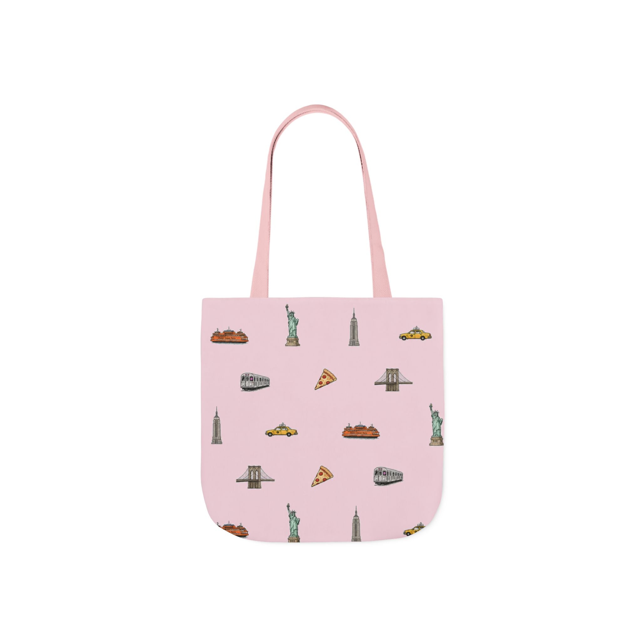 Icons of New York City Pink Canvas Tote — Statue of Liberty, Pizza & Taxi Pattern