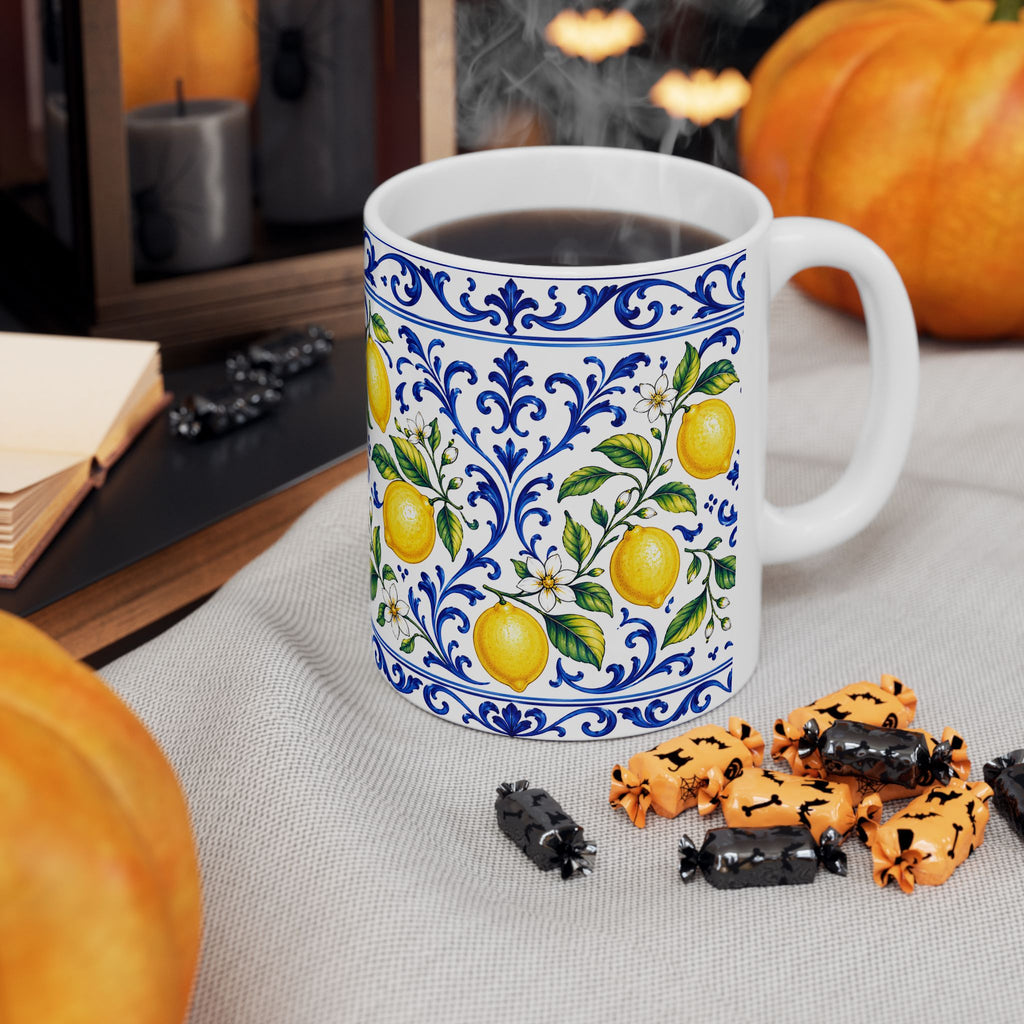 Little Italy Amalfi Blue and White with Lemon Mug — Italian Mediterranean Pattern Coffee Cup (11oz)