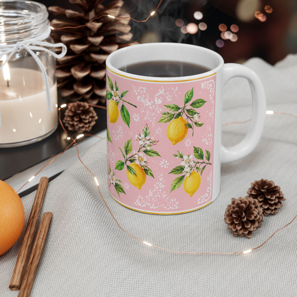 Little Italy Amalfi Pink with Lemon Mug 2 — Italian Mediterranean Pattern Coffee Cup (11oz)