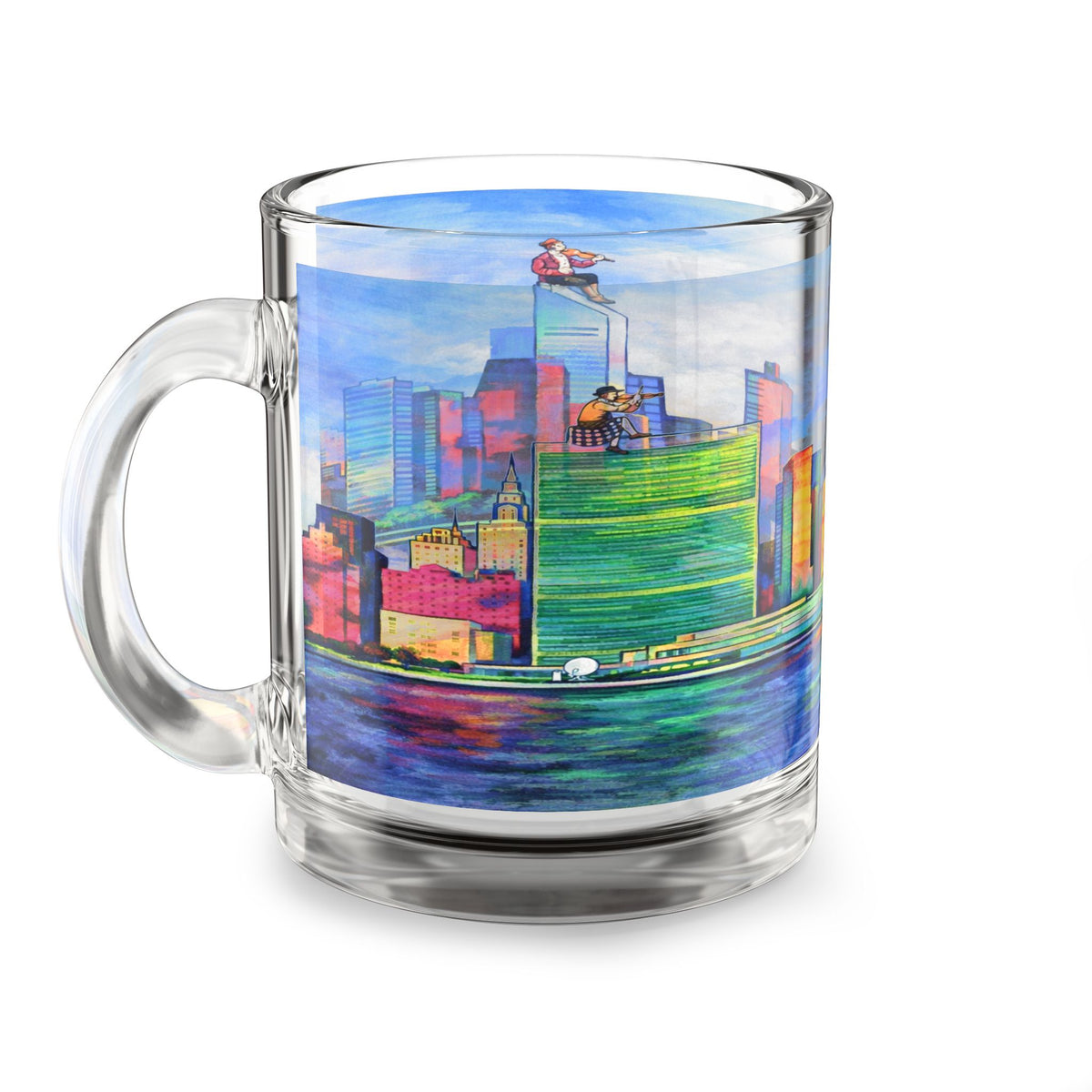 Fiddler on the Manhattan Roof Marc Chagall-inspired Glass Mug | 10oz NYC Manhattan Skyline Pattern