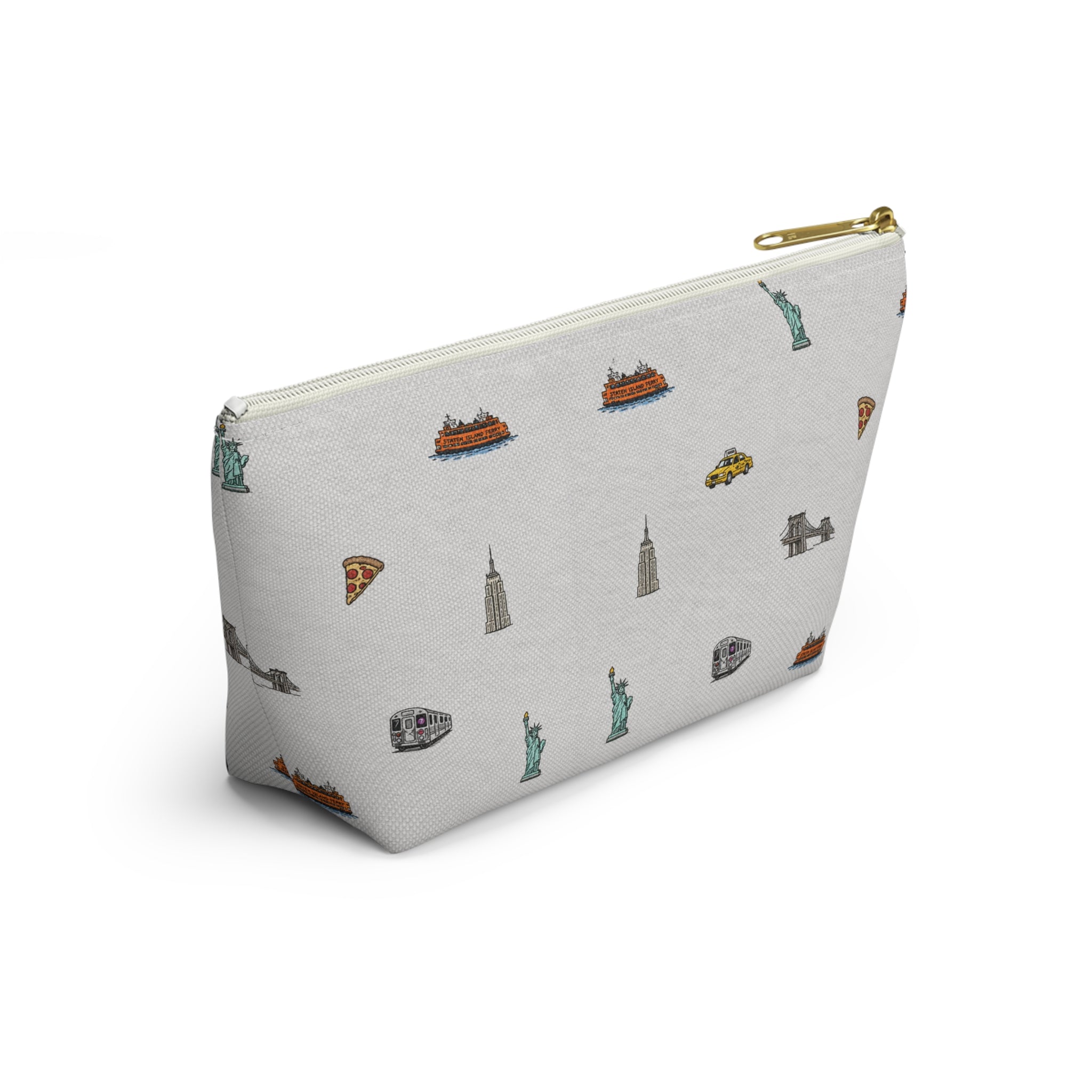 Icons of New York City Heather Gray Accessory Pouch — T-Bottom Makeup Bag with Statue of Liberty, Taxi & Pizza Pattern