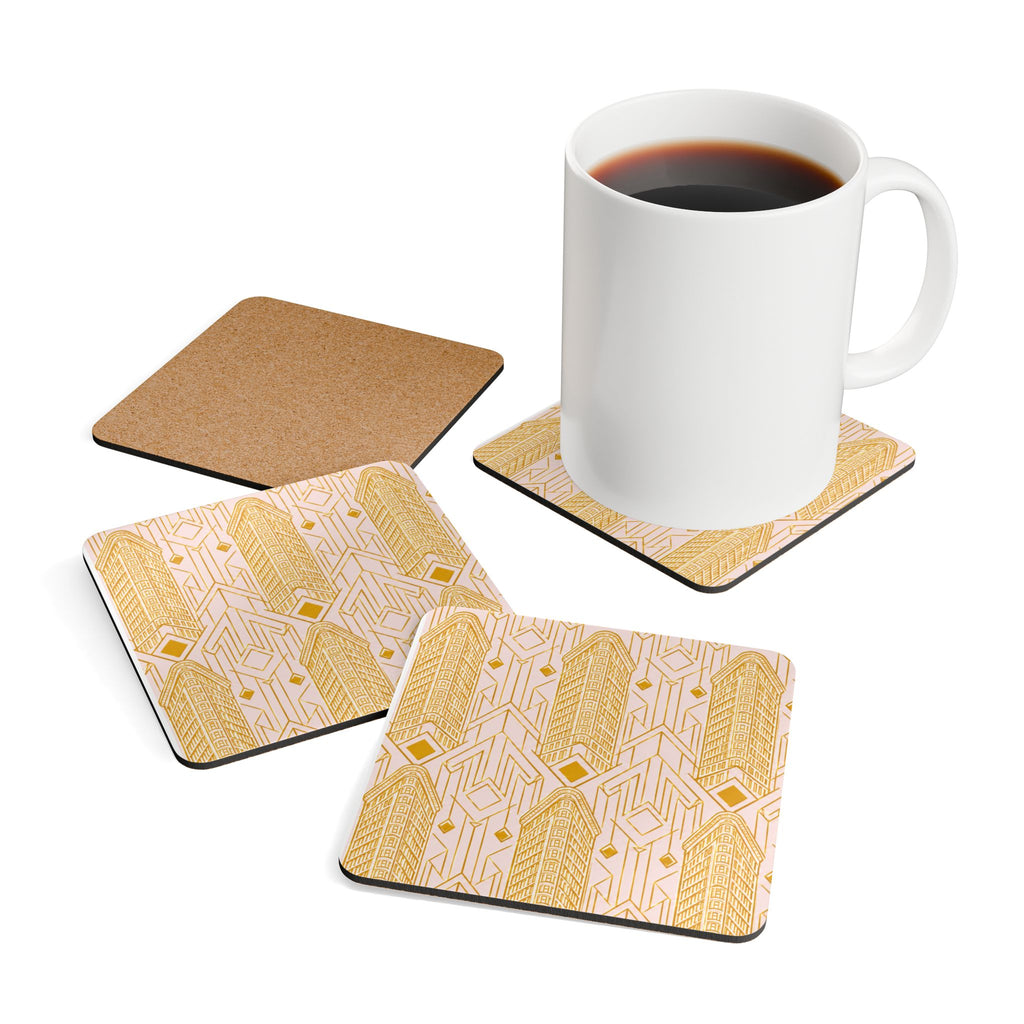 Art Deco Flatiron Building Gold & Pink Cork Coaster Set — Geometric Cocktail Coasters Set of 4