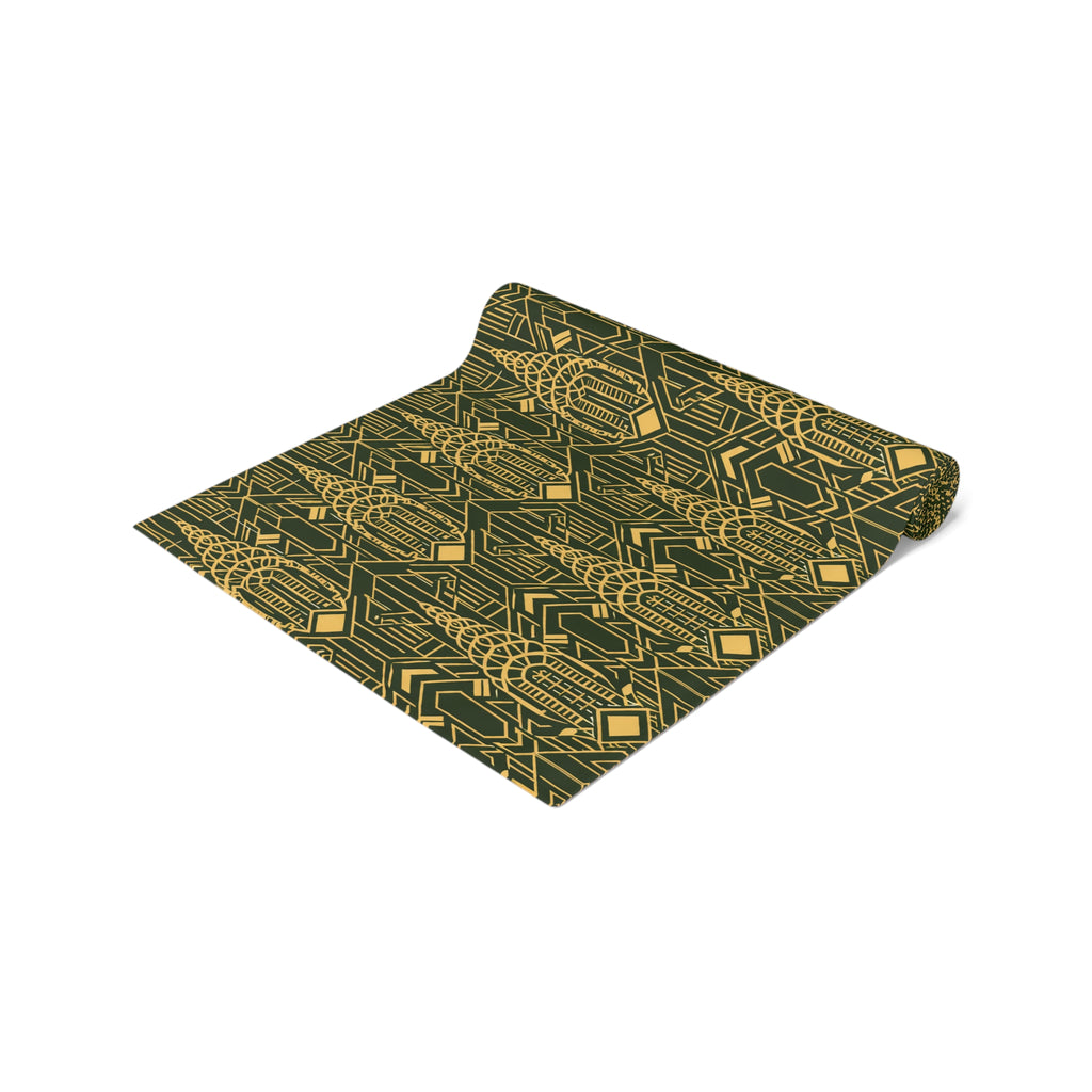 Chrysler Building Art Deco Green & Gold Table Runner — NYC Elegant Geometric Tabletop Dining Decor