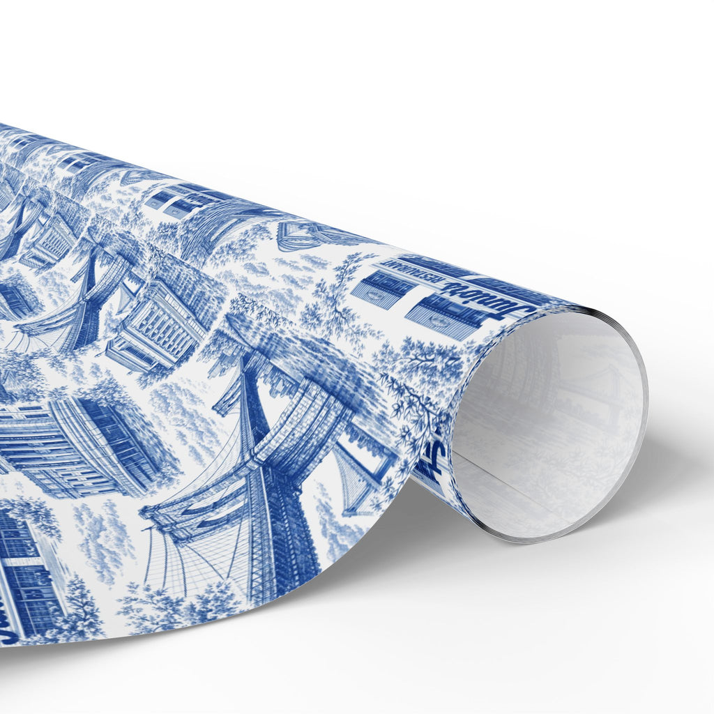 Brooklyn NYC Blue Toile Gift Wrapping Papers   Chinoiserie New York City Gift Wrap Brooklyn Bridge Prospect Park Junior's DUMBO Museum