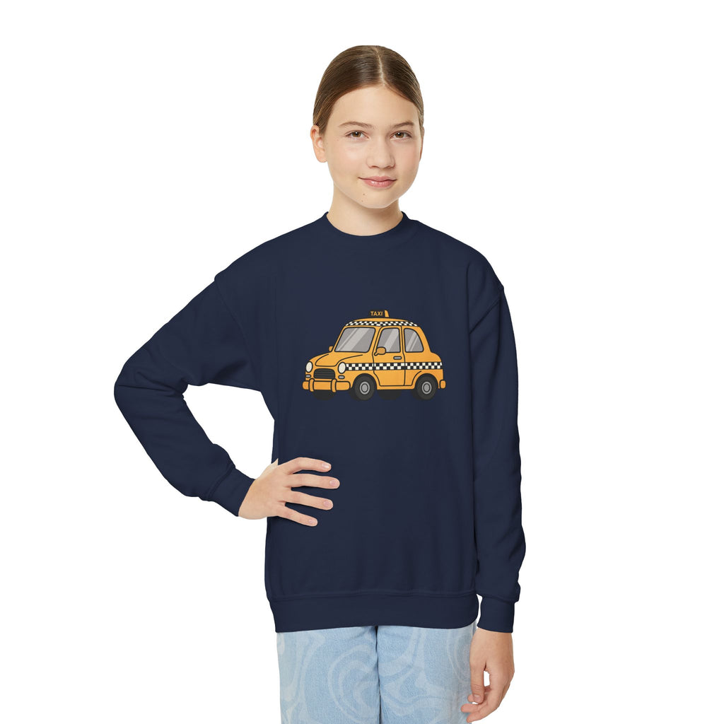 Sudadera infantil con cuello redondo Taxi Cab NYC — Suéter infantil con estampado gráfico de taxi a cuadros amarillo de dibujos animados