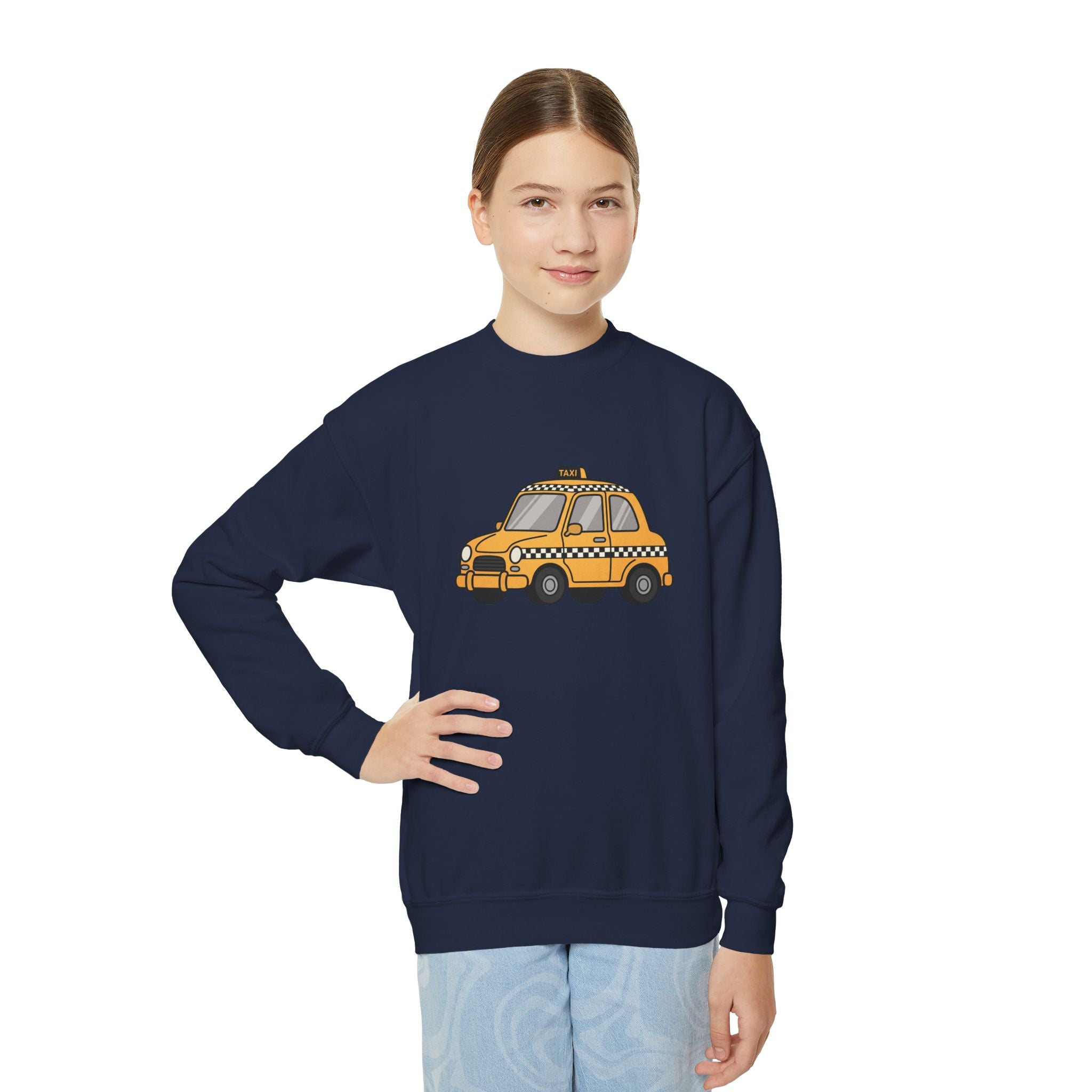Taxi Cab NYC Kids Crewneck Sweatshirt — Yellow Checkered Taxi Cab Cartoon Graphic Childrens Sweater