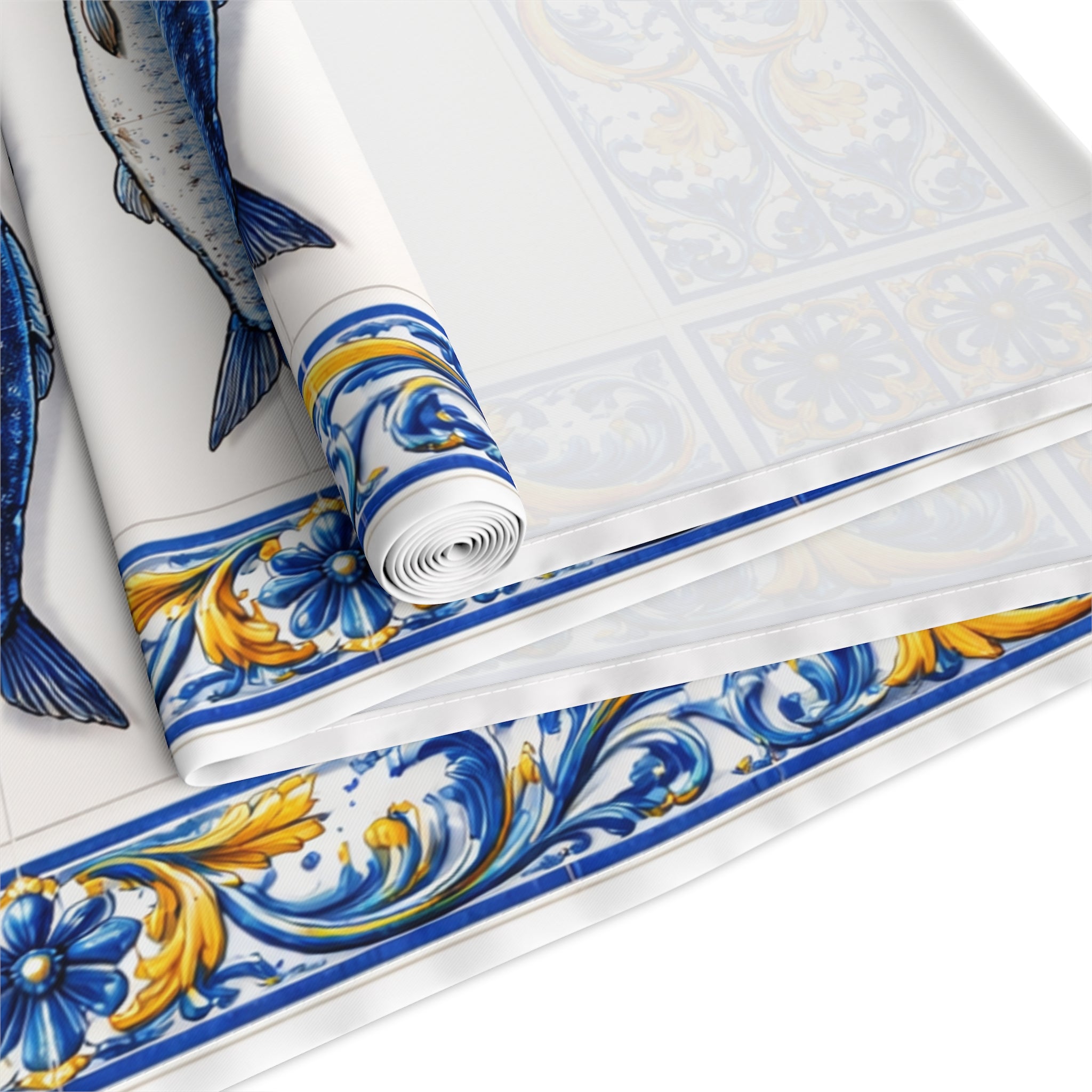 Camino de mesa con azulejos azules y amarillos de peces estilo East Hampton — Decoración de cocina de sardina azul, acento costero para comedor