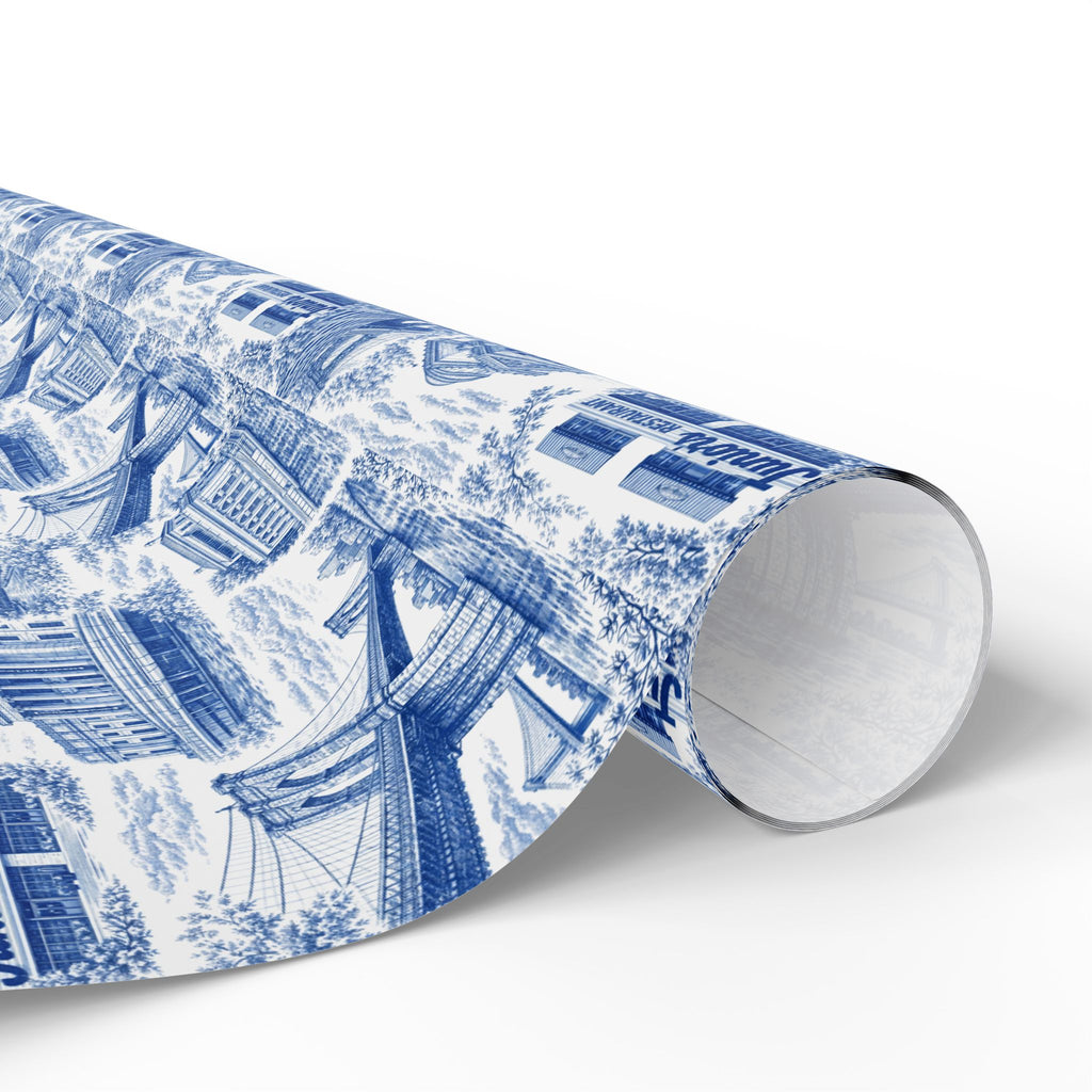 Brooklyn NYC Blue Toile Gift Wrapping Papers   Chinoiserie New York City Gift Wrap Brooklyn Bridge Prospect Park Junior's DUMBO Museum